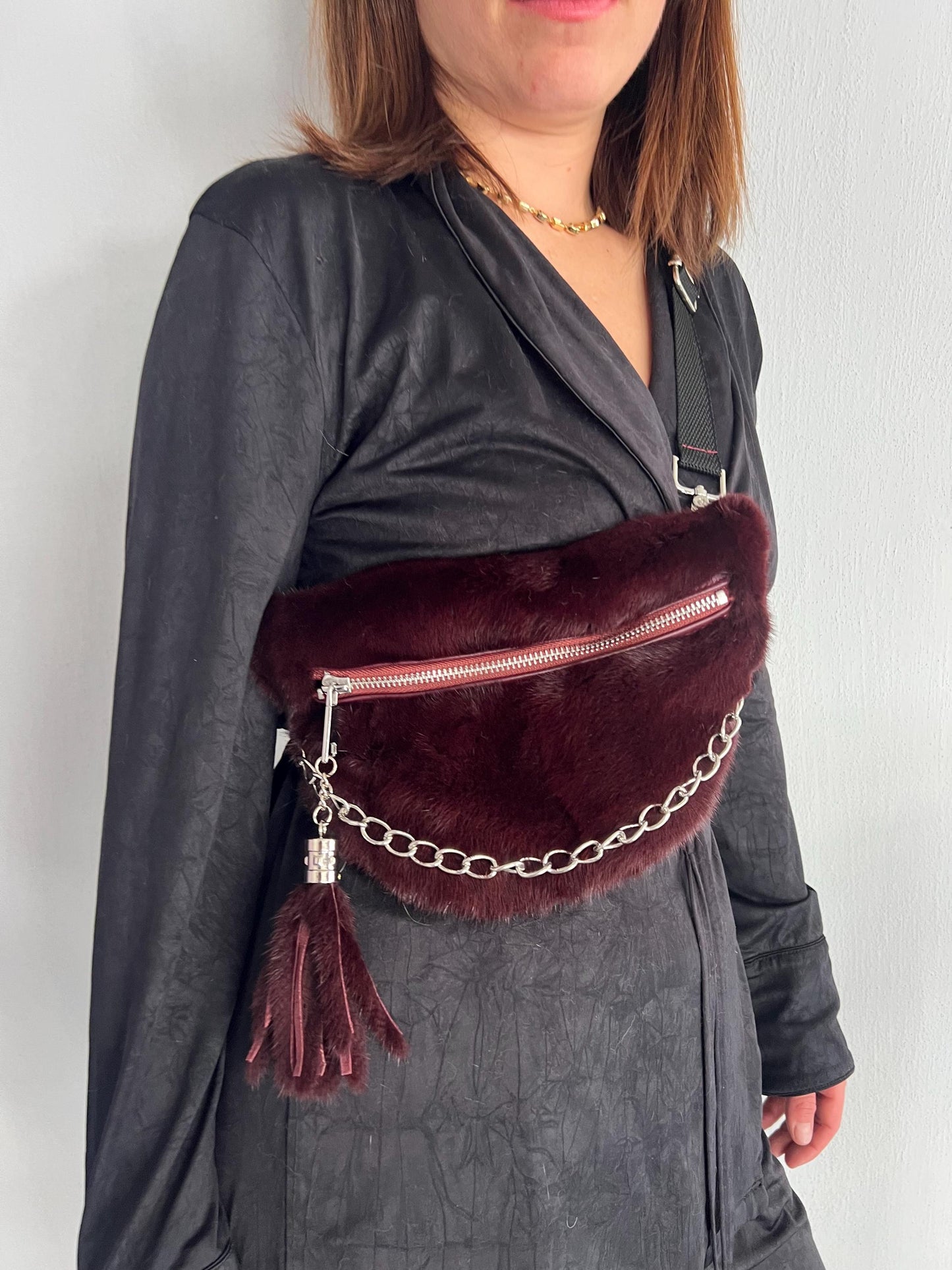Burgundy Mink Fur Bumbag with Chain, Luxury Fanny Bag