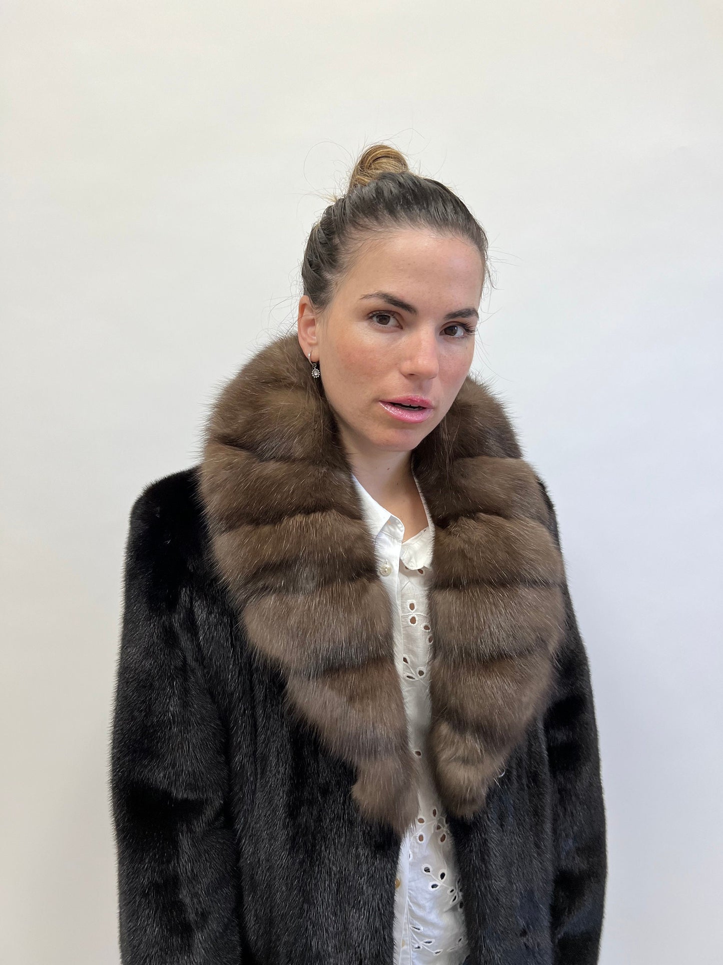 Handmade Black Mink Fur Long Coat with Sable Collar