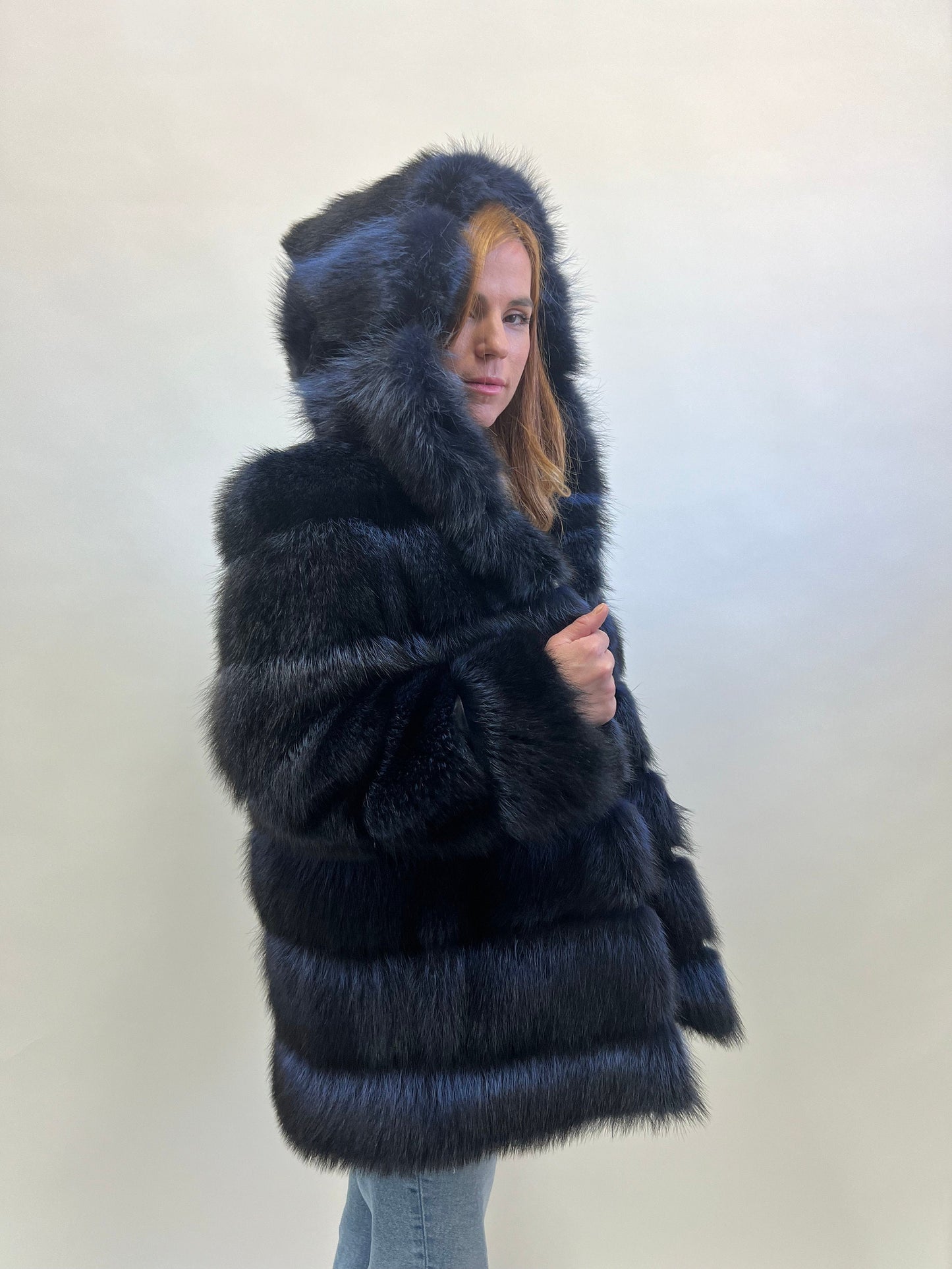 Genuine Blue Raccoon Fur Hooded Jacket: Leather Trim, Size Small