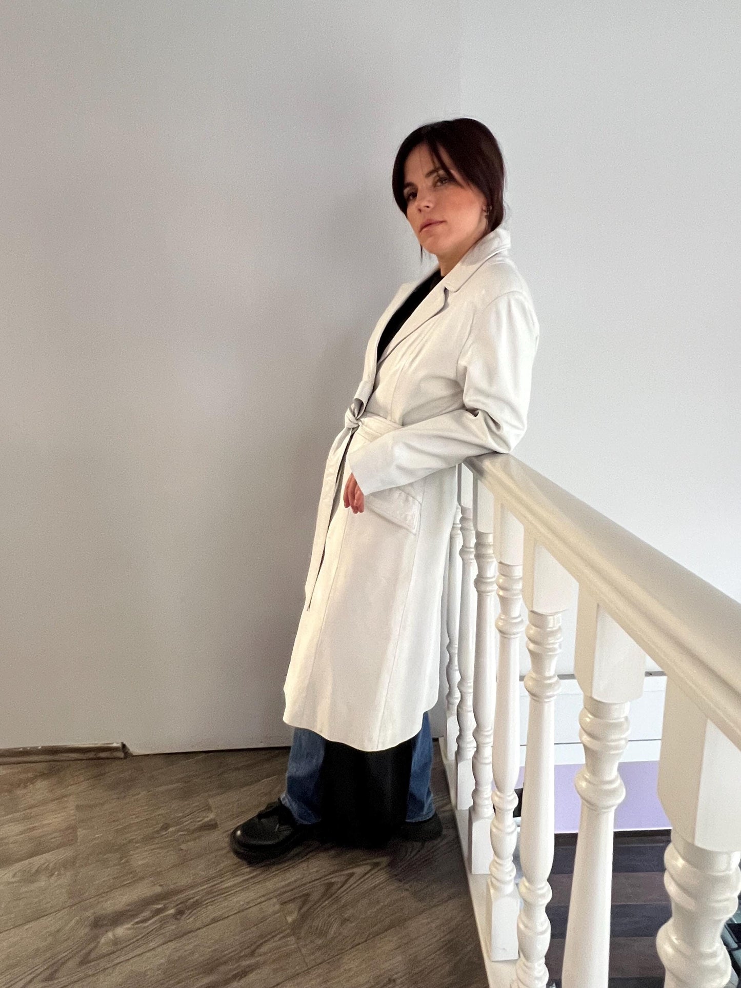 Handmade Nappa Lambskin Leather Coat: White Wrap Belted Jacket