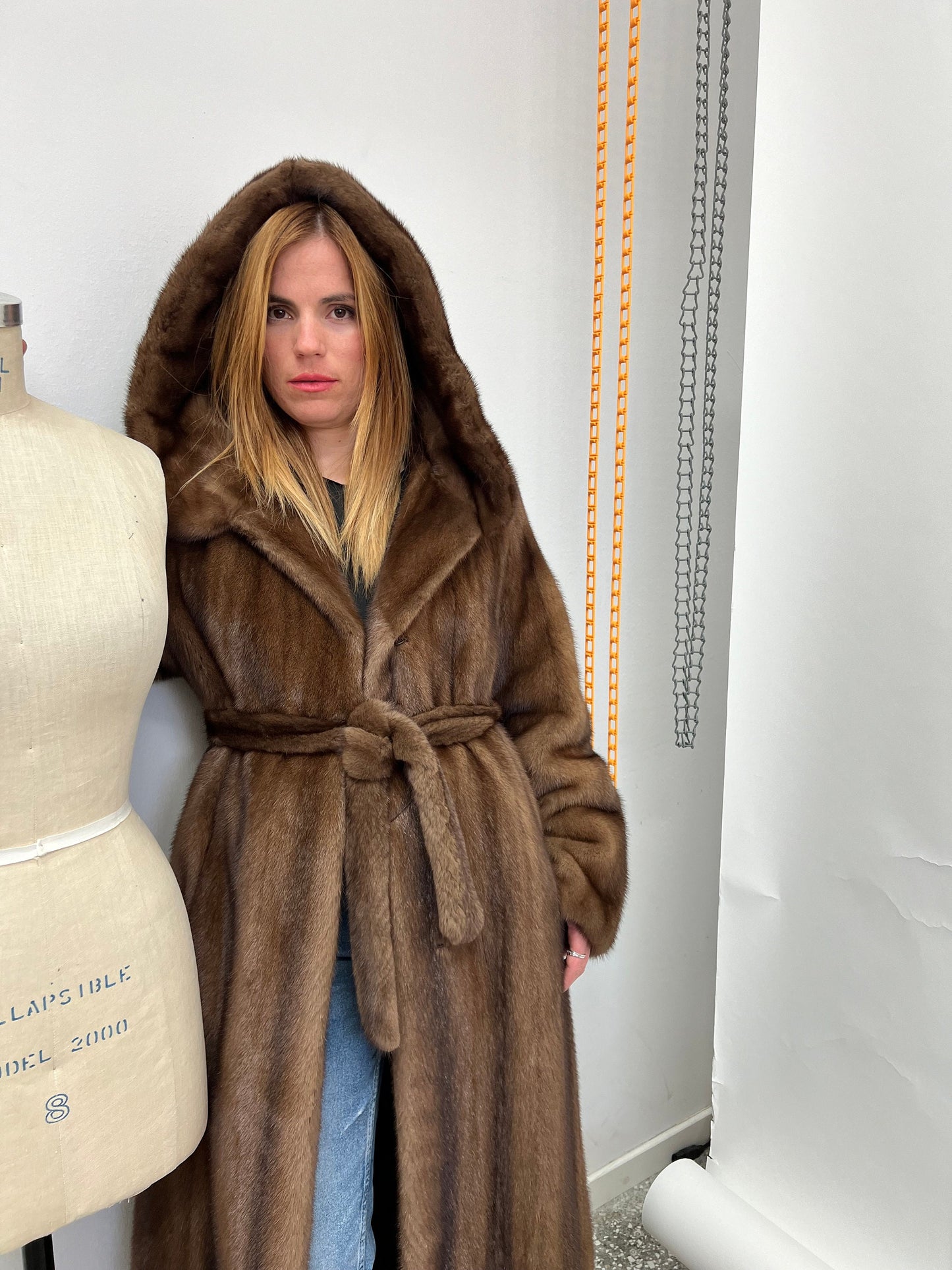 Handmade Brown Mink Fur Hooded Coat - Demi Buff Pelts, Made in Greece