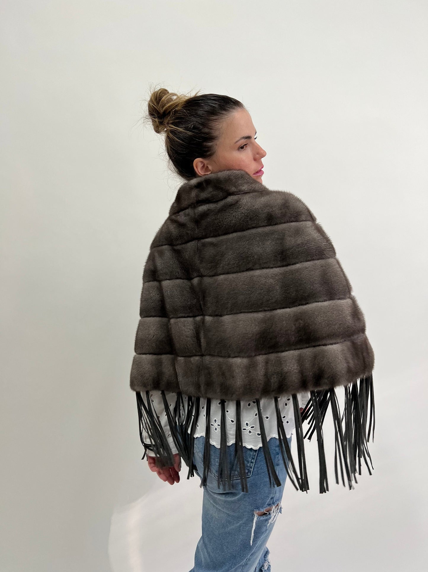 Grey Mink Fur Poncho: Leather Tassel Cape - Saga Blue Iris