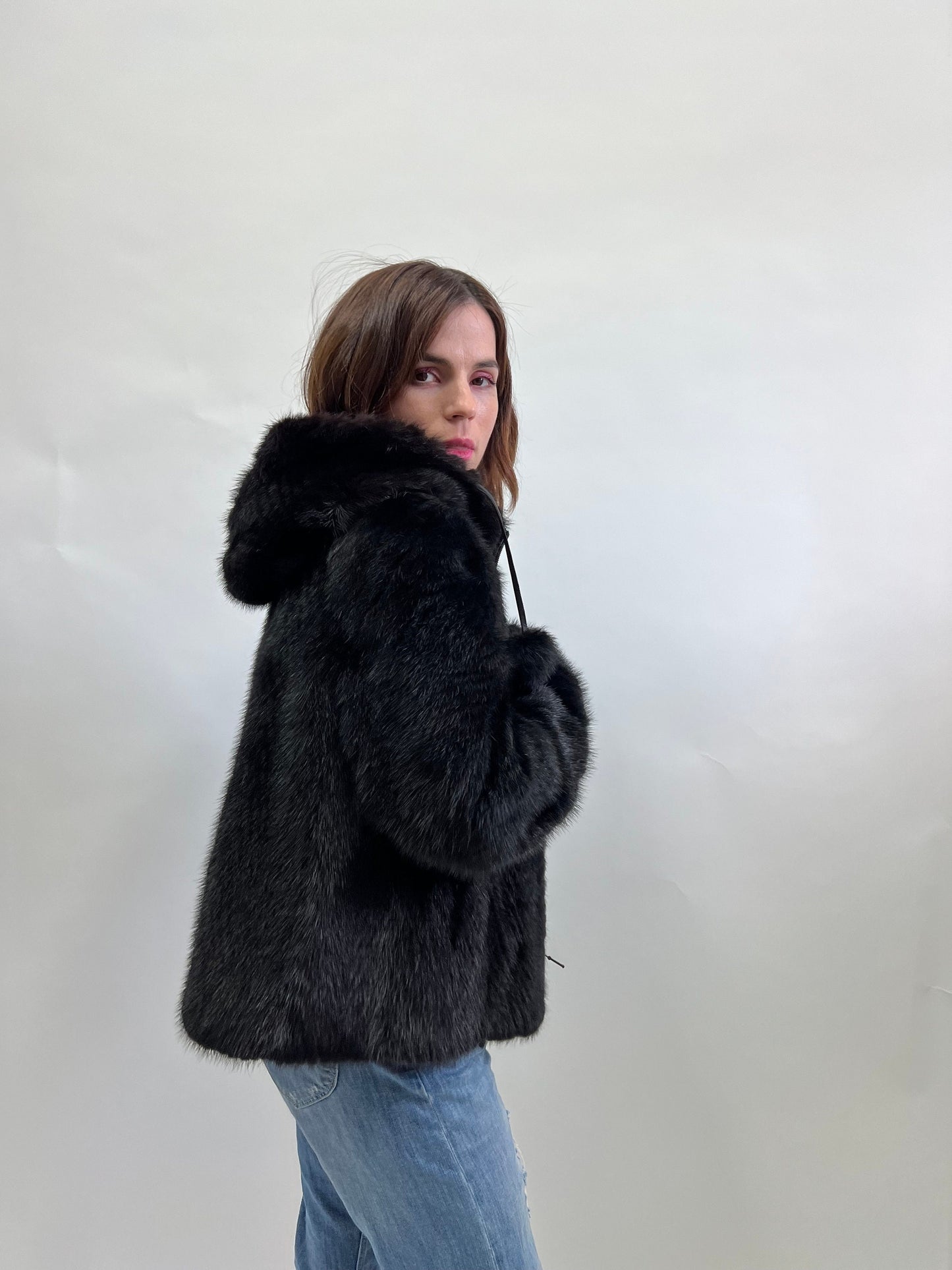 Real Mink Fur Hooded Bomber Jacket - Leather Trim, Size Medium
