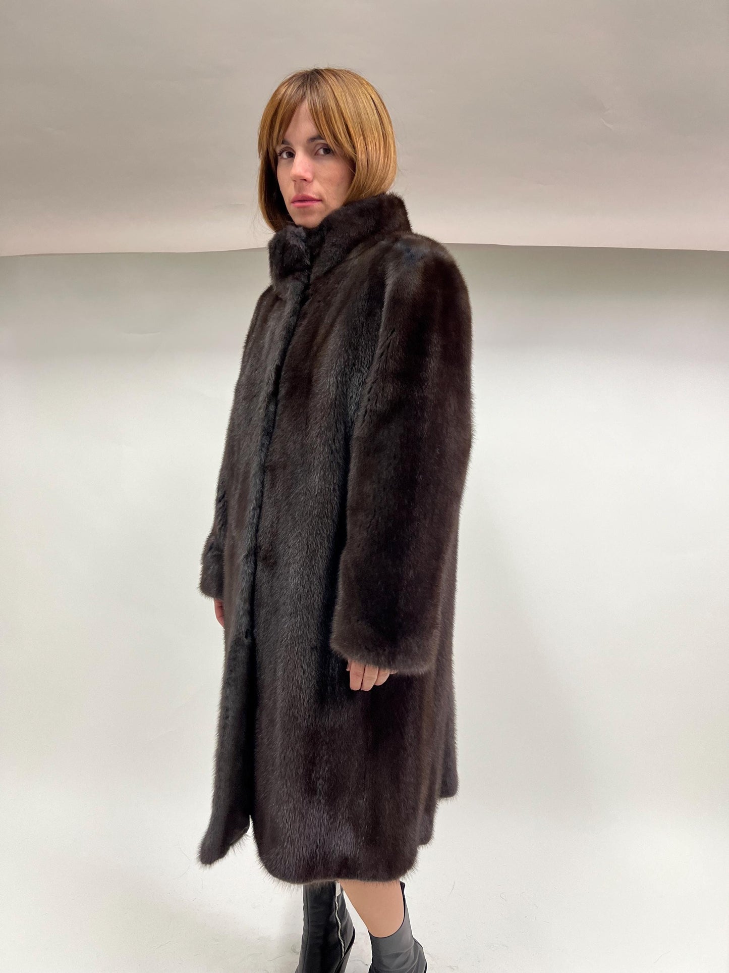 Saga Mink Fur Coat: Brown High Collar Luxury Fur