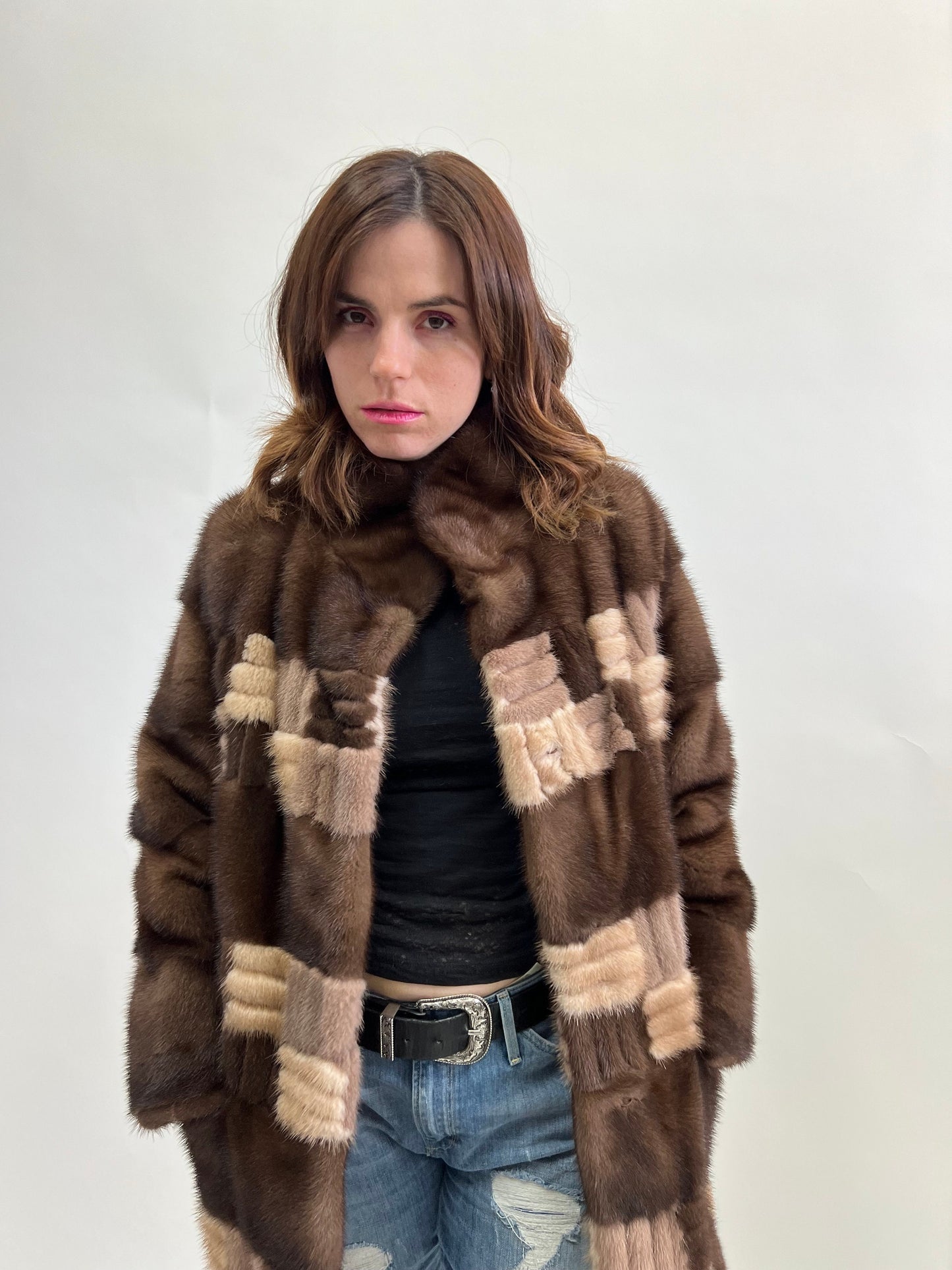 Intarsia Brown Mink Fur Coat - Saga Lightweight Zip-Up - Size Large