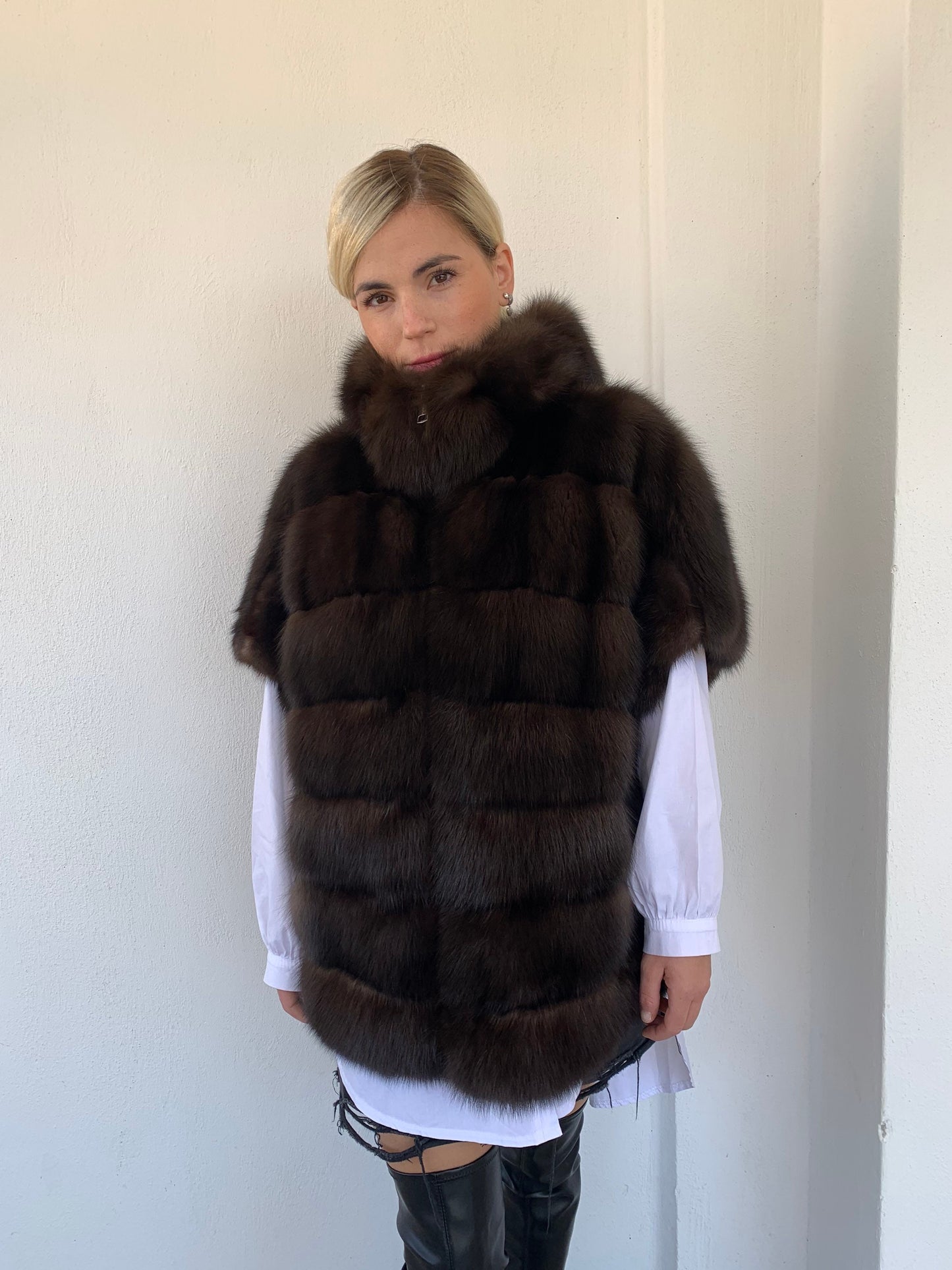 Real Barguzinsky Sable Fur Jacket: Brown Leather Trim Hooded Coat