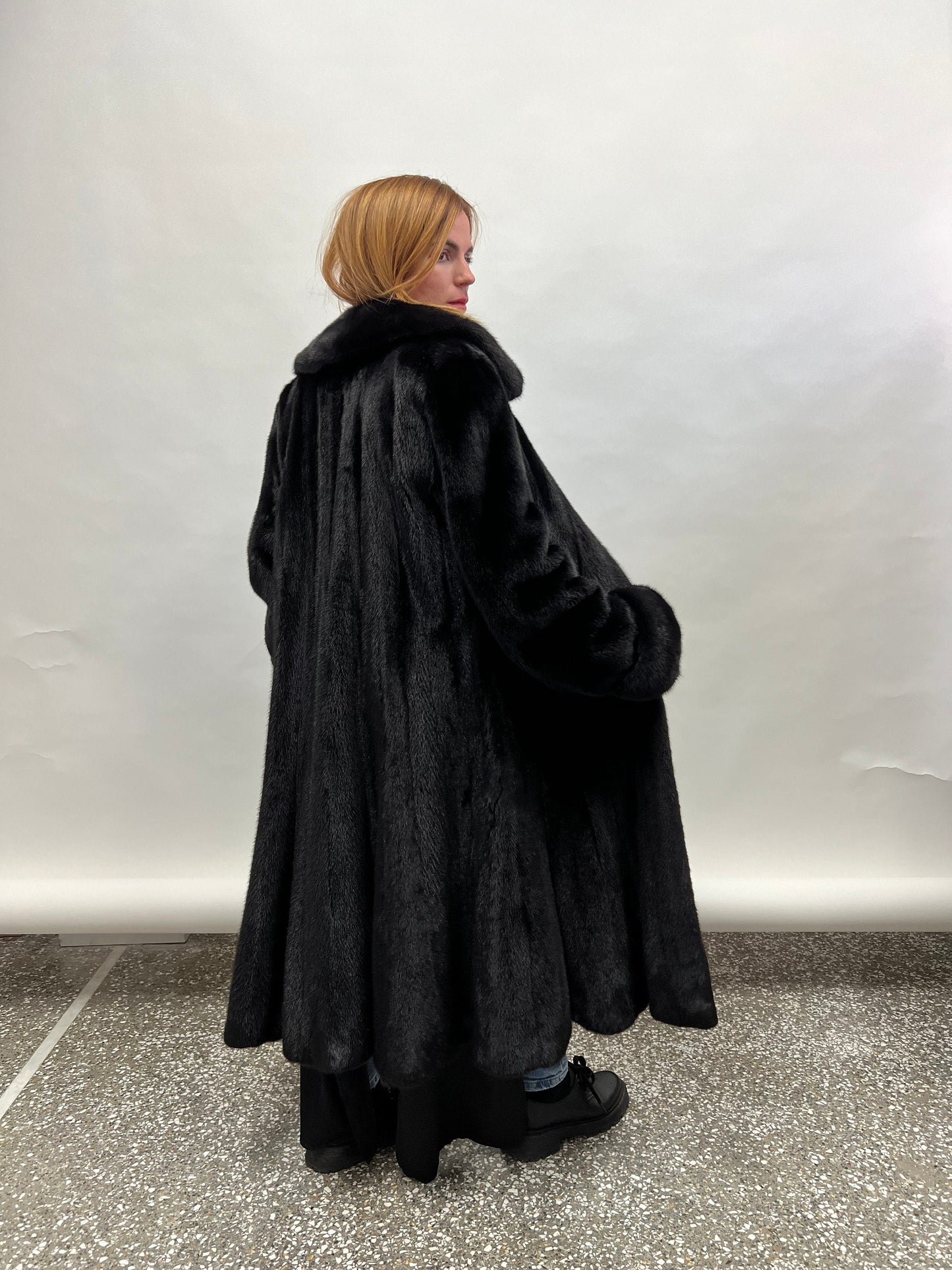 Handmade Black Mink Fur Long Coat: Godet Style, Adjustable Cuffs