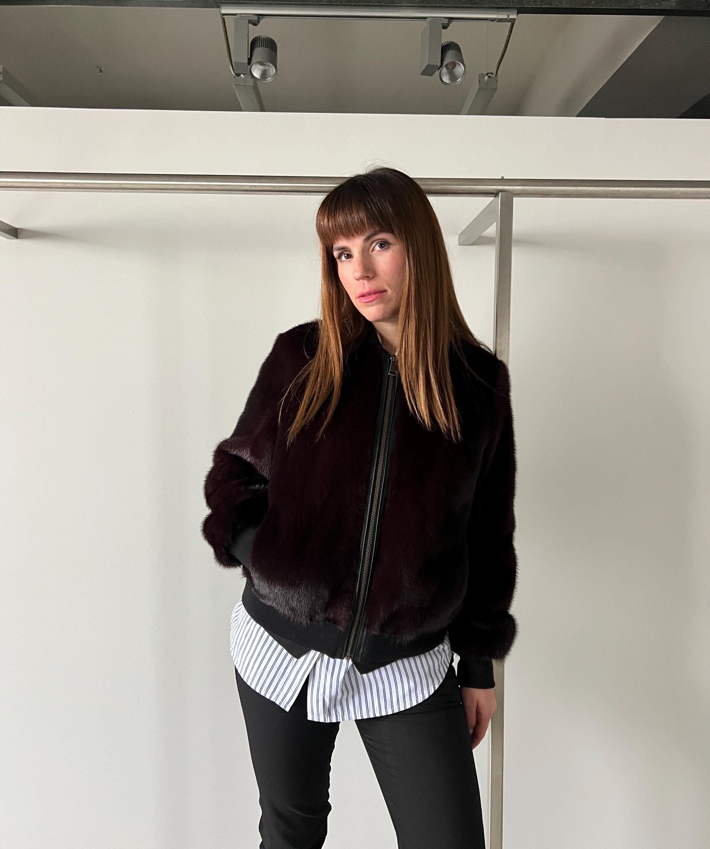 Burgundy Mink Fur Bomber Jacket: Elastic Hem, Silky Lining