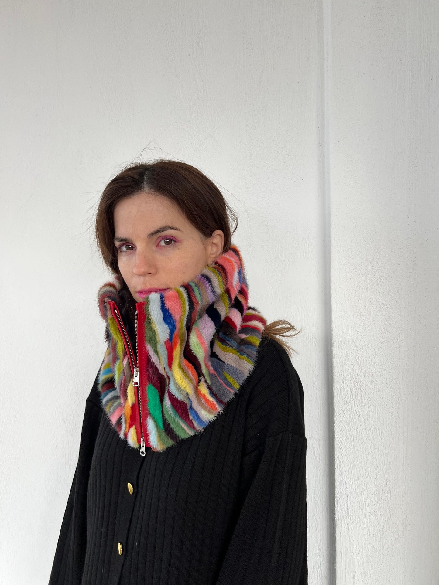 Multicolored Mink Fur Cowl: Zipped Leather Detail Infinity Scarf