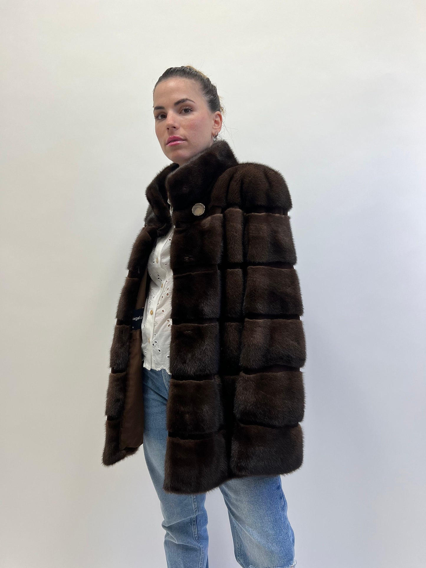 Dark Brown Mink Fur Coat: Horizontal Sheared Stripes, Size M/L