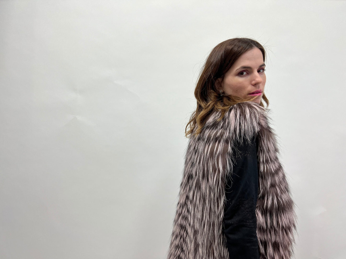 Pink Pastel Fox Fur Vest: Luxury Long Coat, Size Small