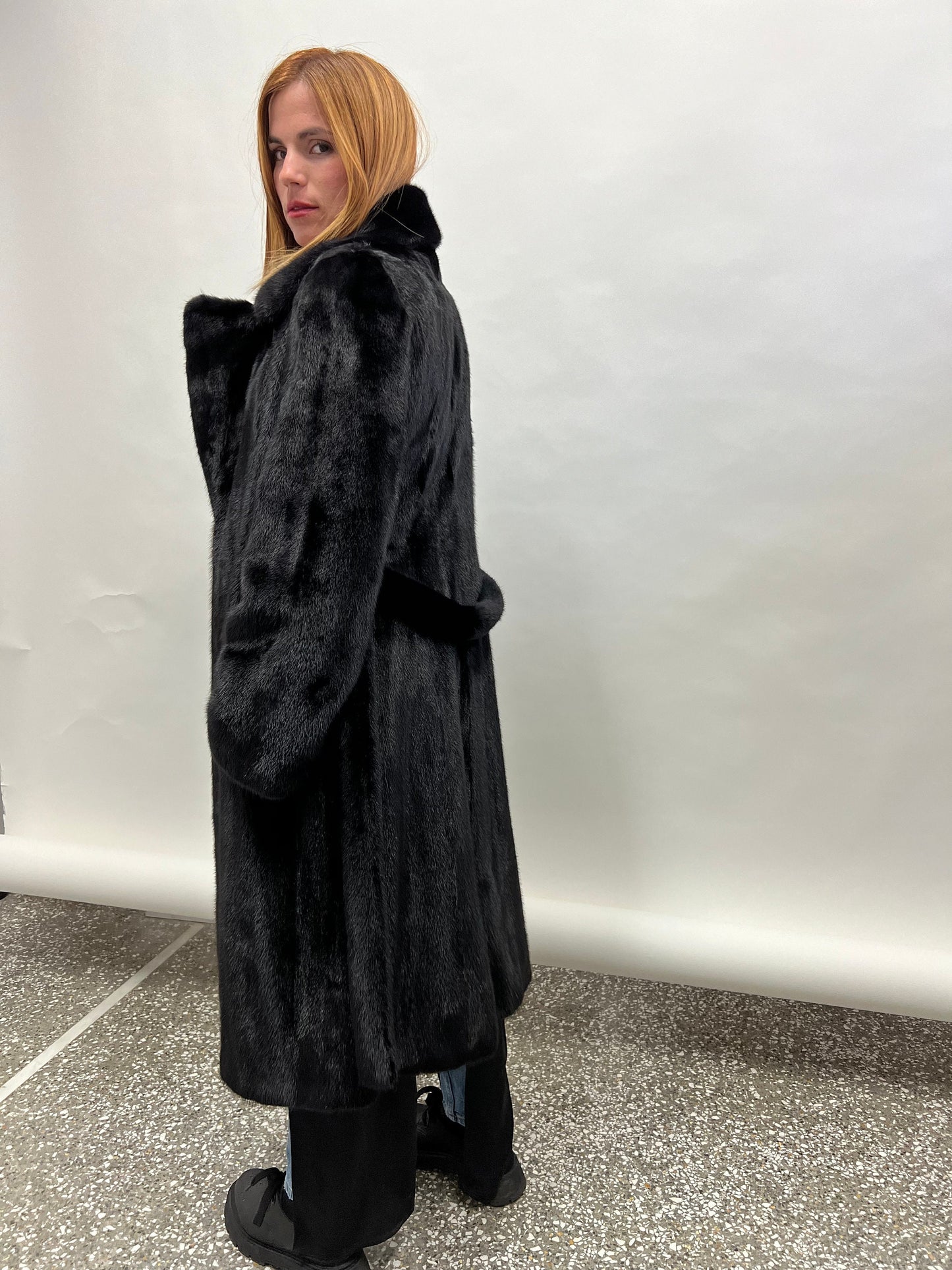 Black Saga Mink Fur Coat with Belt, Luxury Texture
