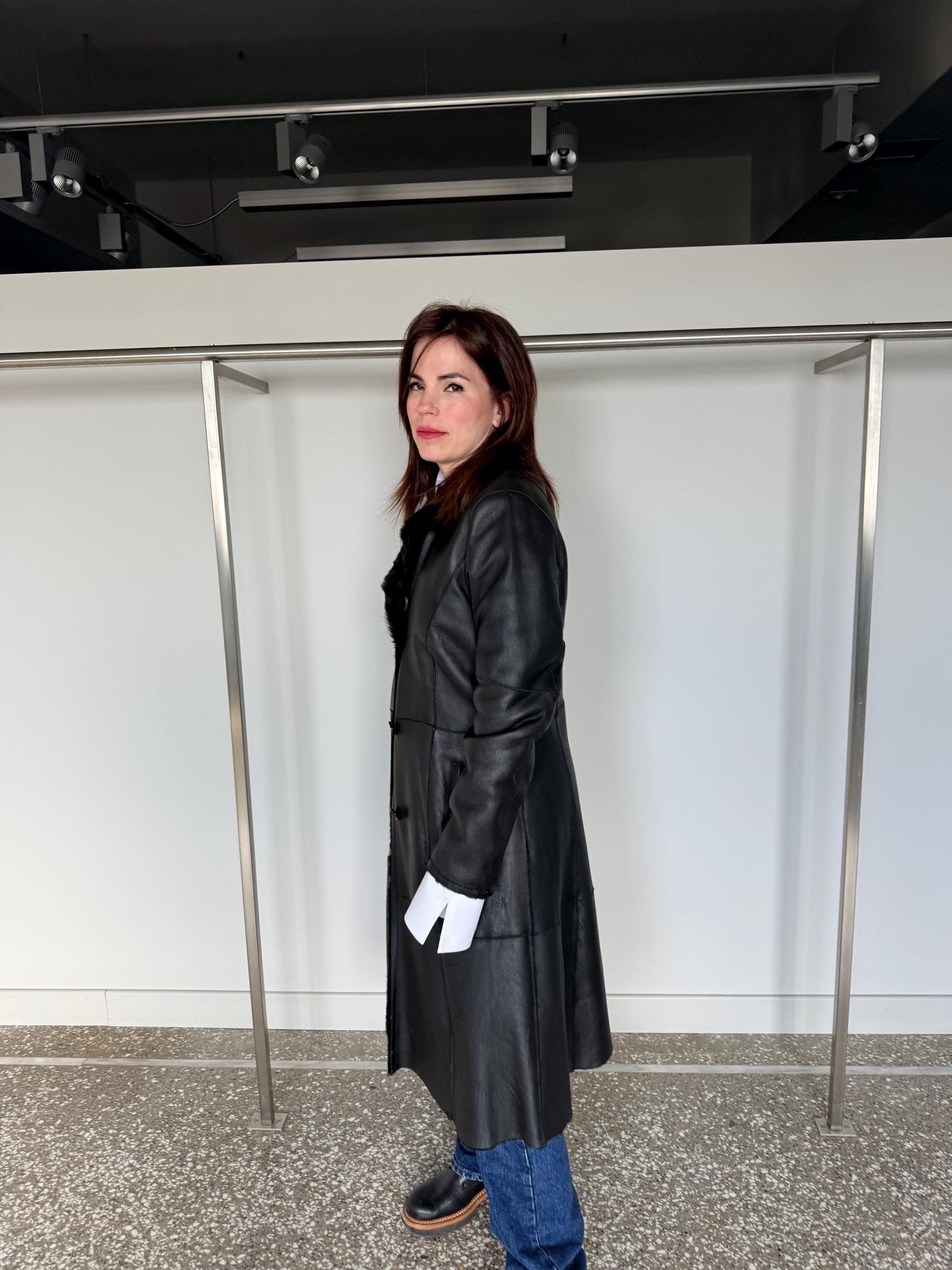 Handmade Black Shearling Fur Jacket:Long super warm Sheepskin Coat
