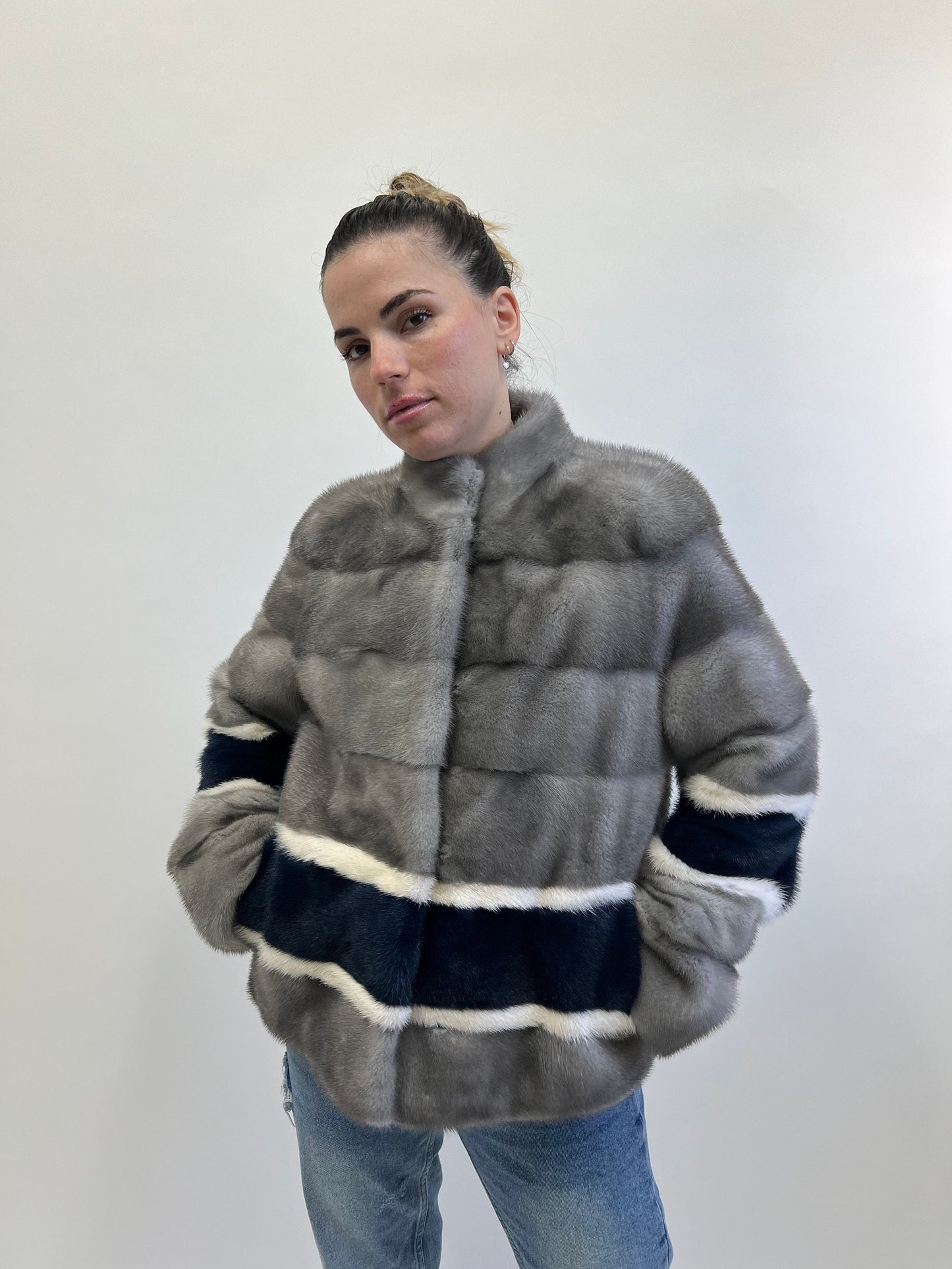 Sapphire Mink Fur Jacket: Navy, White & Grey Modern Coat