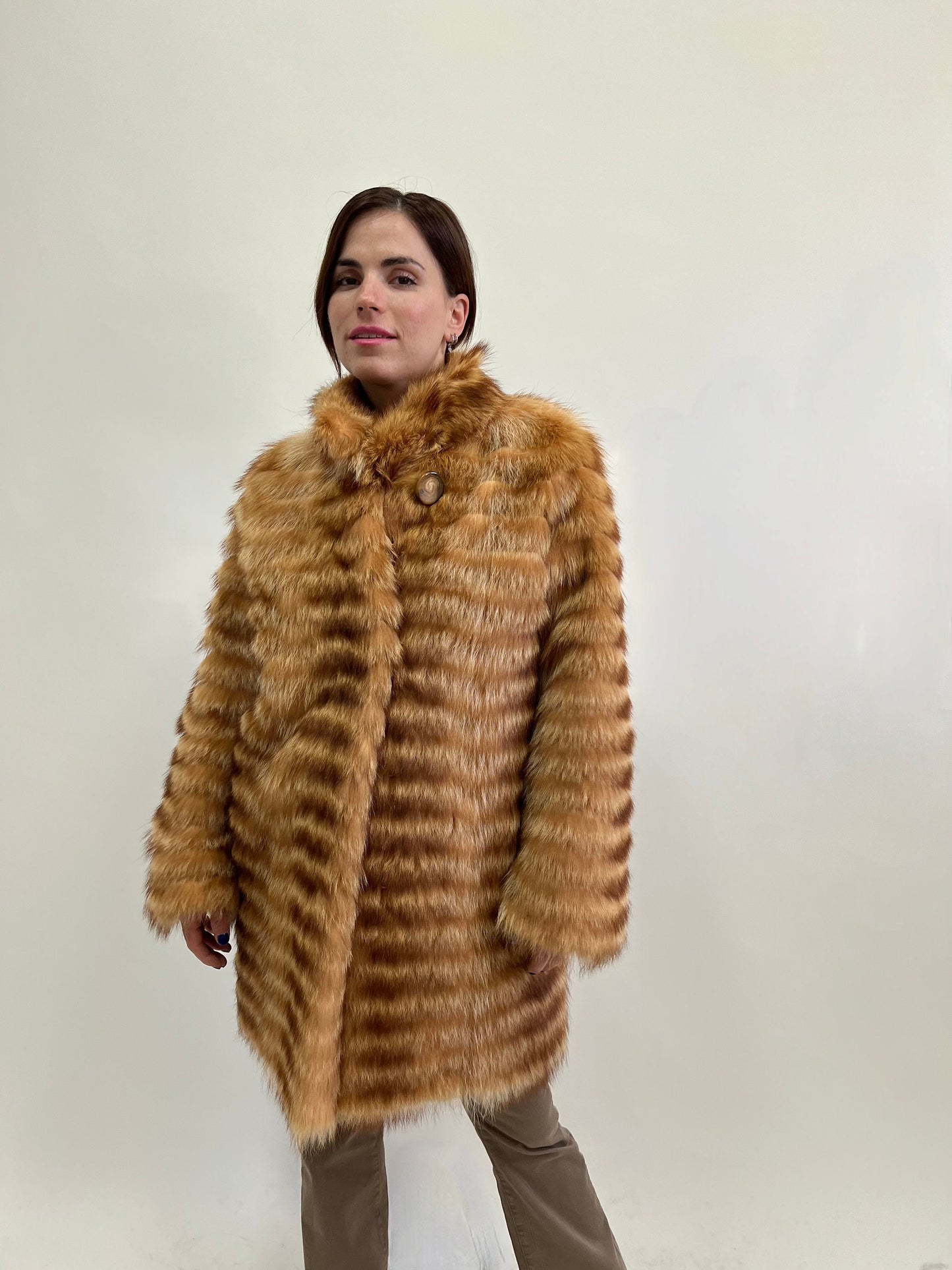 Real Raccoon Fur Coat: Camel Brown Leather Trim
