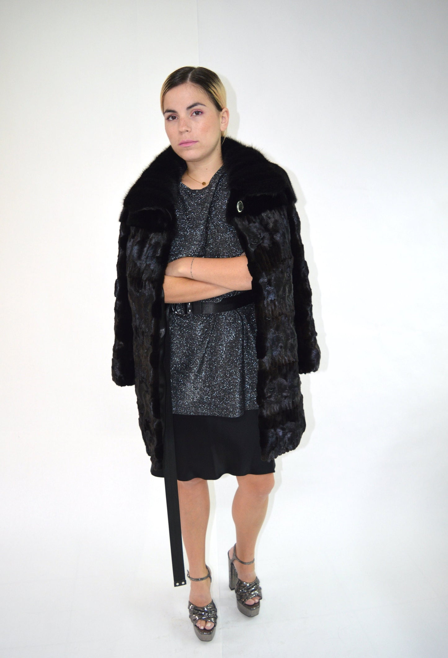 Black Mink Fur Jacket, Genuine Fur Pelt,with Collar