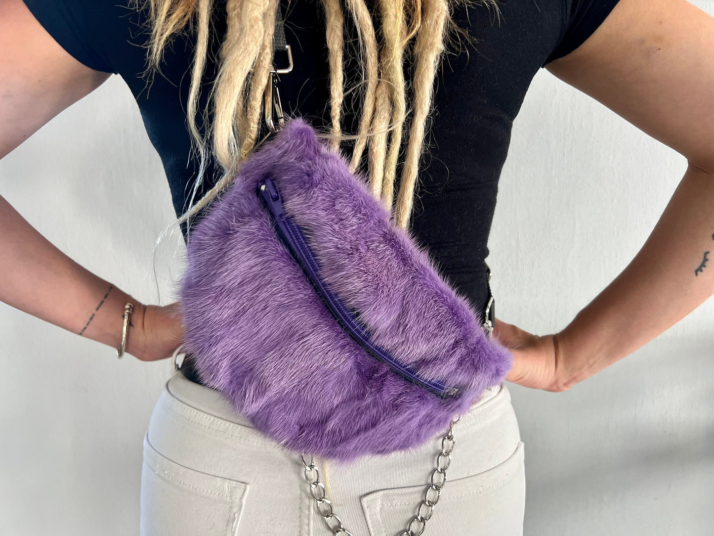 Purple Mink Fur Bumbag with Chain: Luxury Fanny Pack