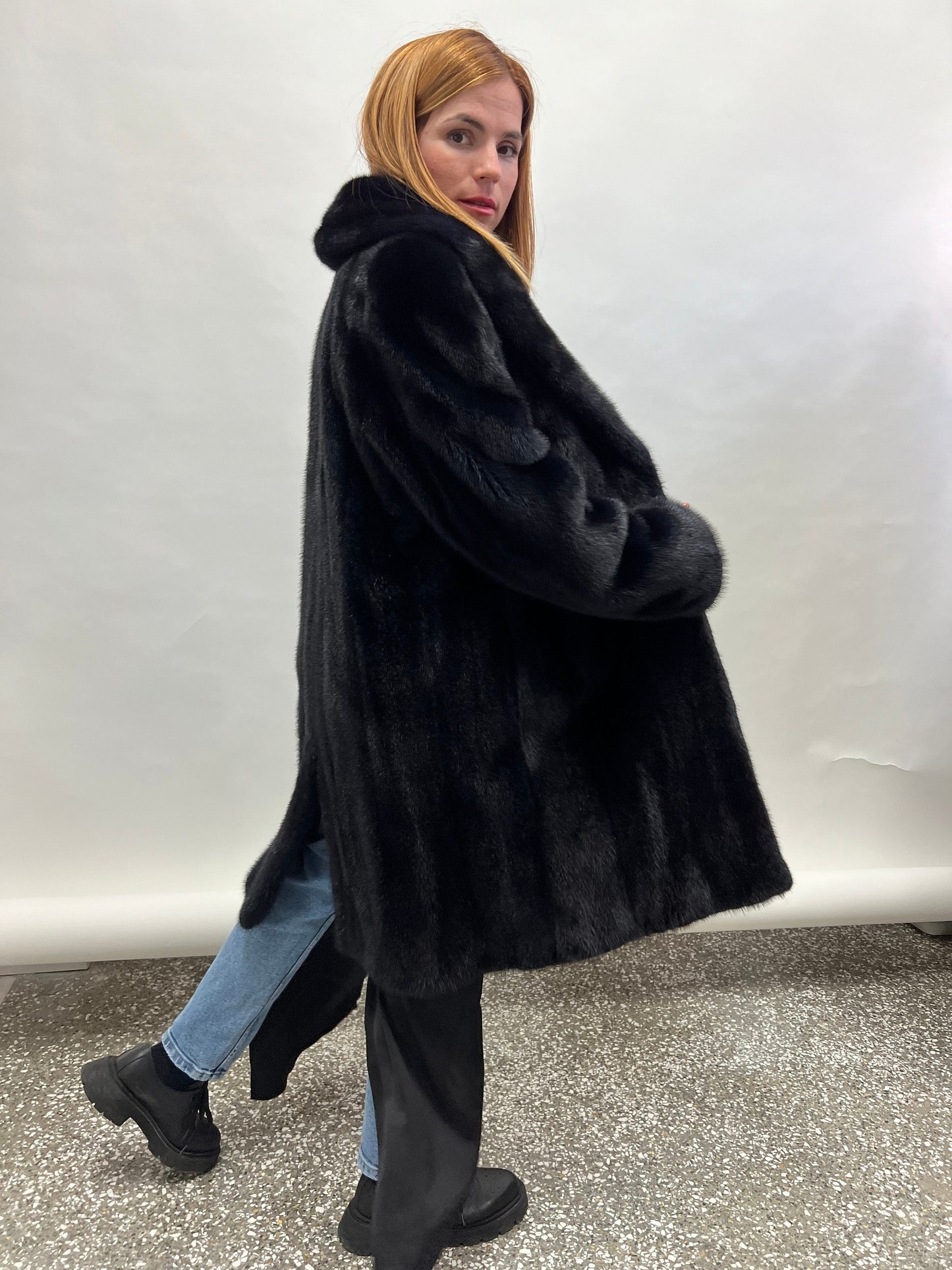 Midnight Blue Saga Mink Fur Coat, Robe Style, Size Medium