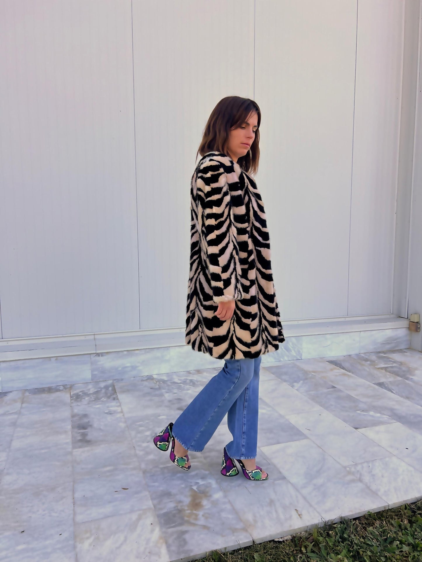Beige & Black Intarsia Mink Fur Jacket: Handmade Genuine Fur Blazer