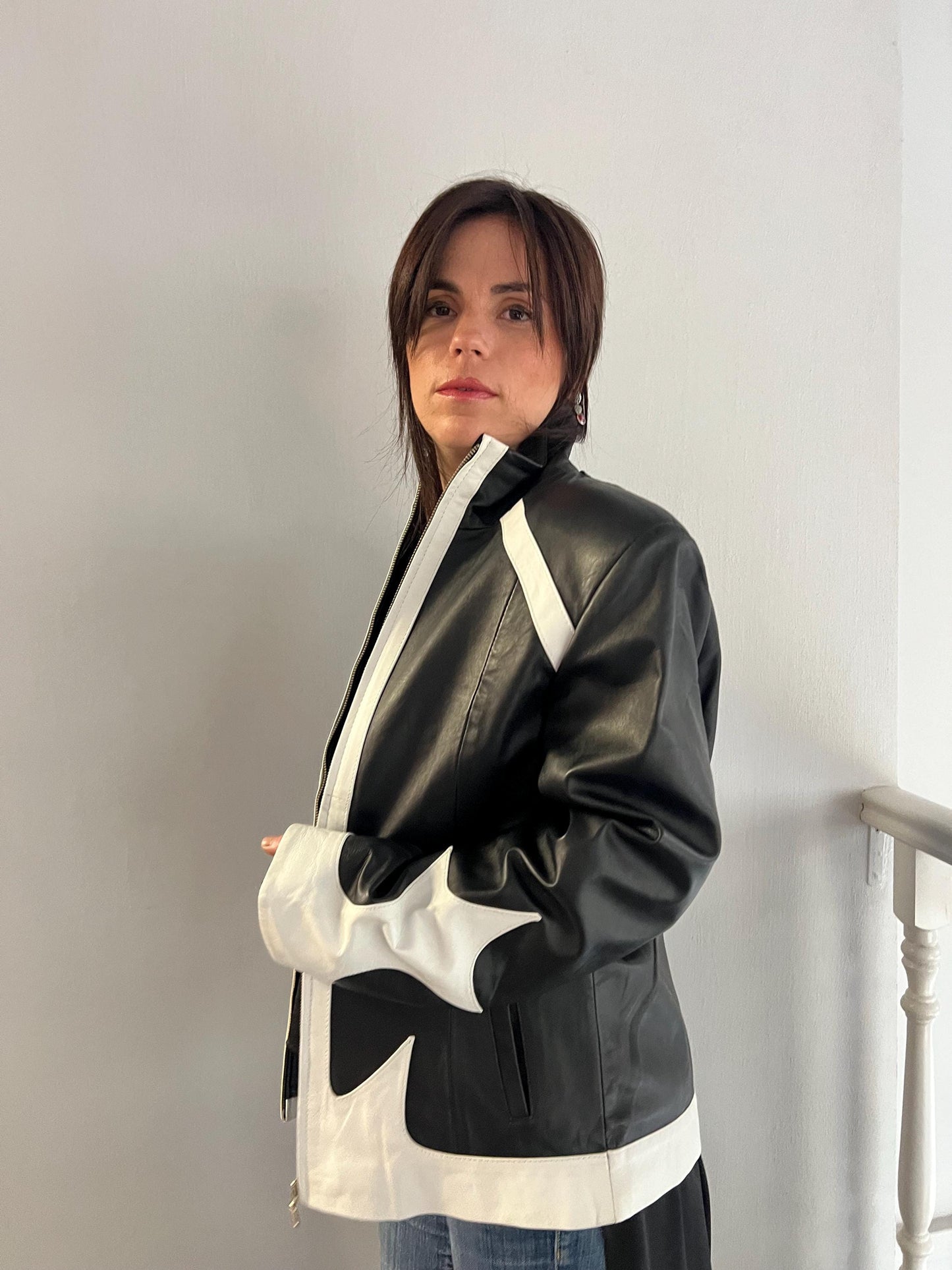 Handmade Black and White Lambskin buttery zipped up Leather Jacket - Medium