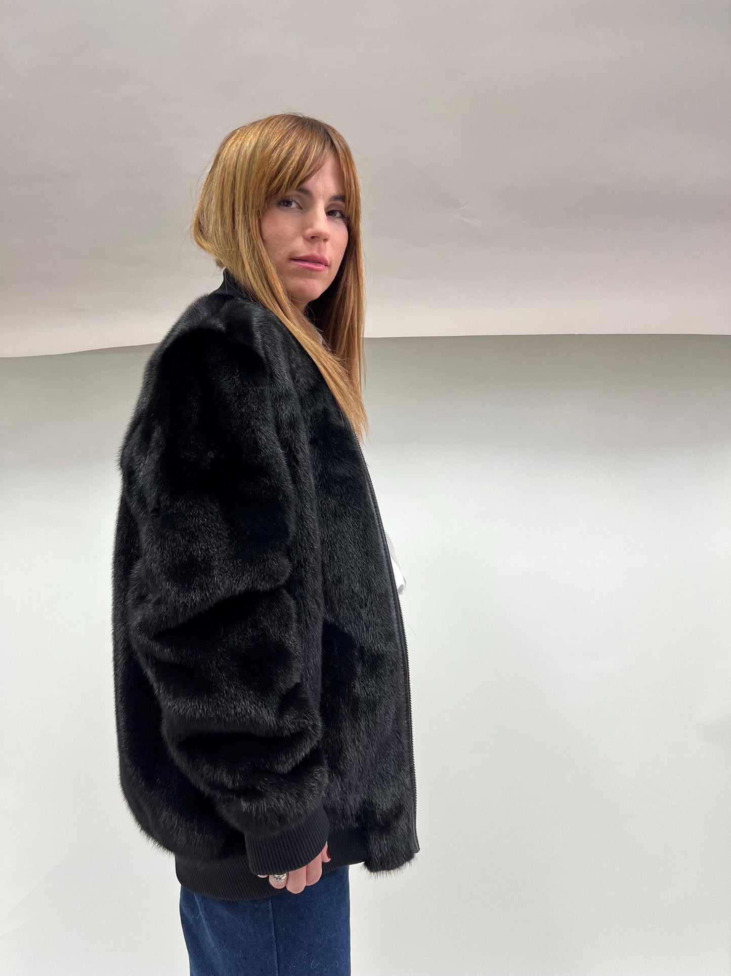 Real Mink Fur Bomber Jacket: Velvet Black, Elastic Hem