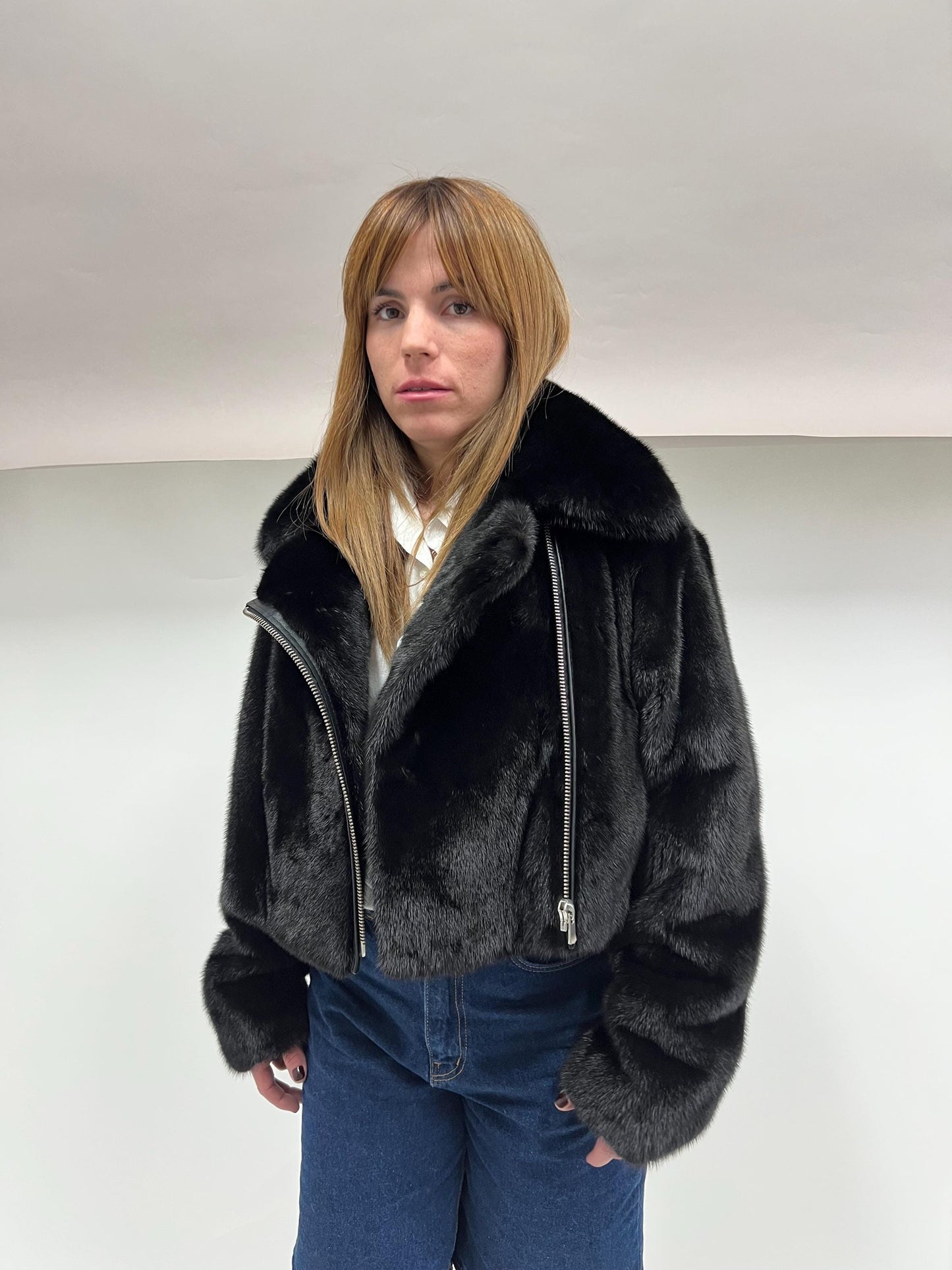 Black Mink Fur Biker Jacket: Saga Fur, Silver Hardware