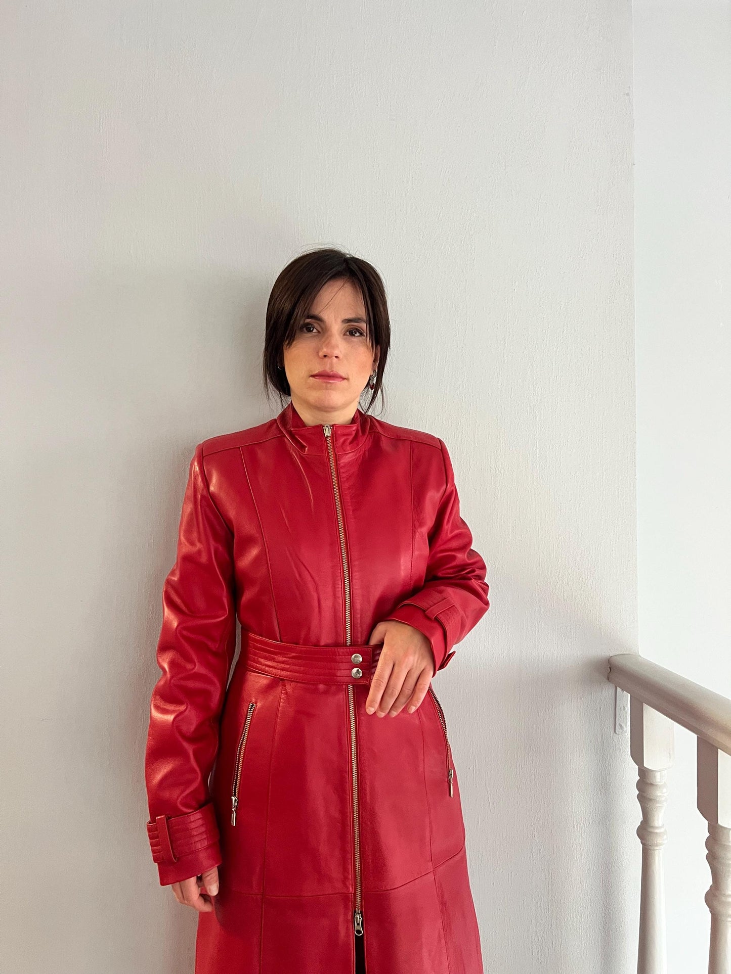 Handmade Red buttery Nappa Lambskin Leather Coat: Belted Warm Lining