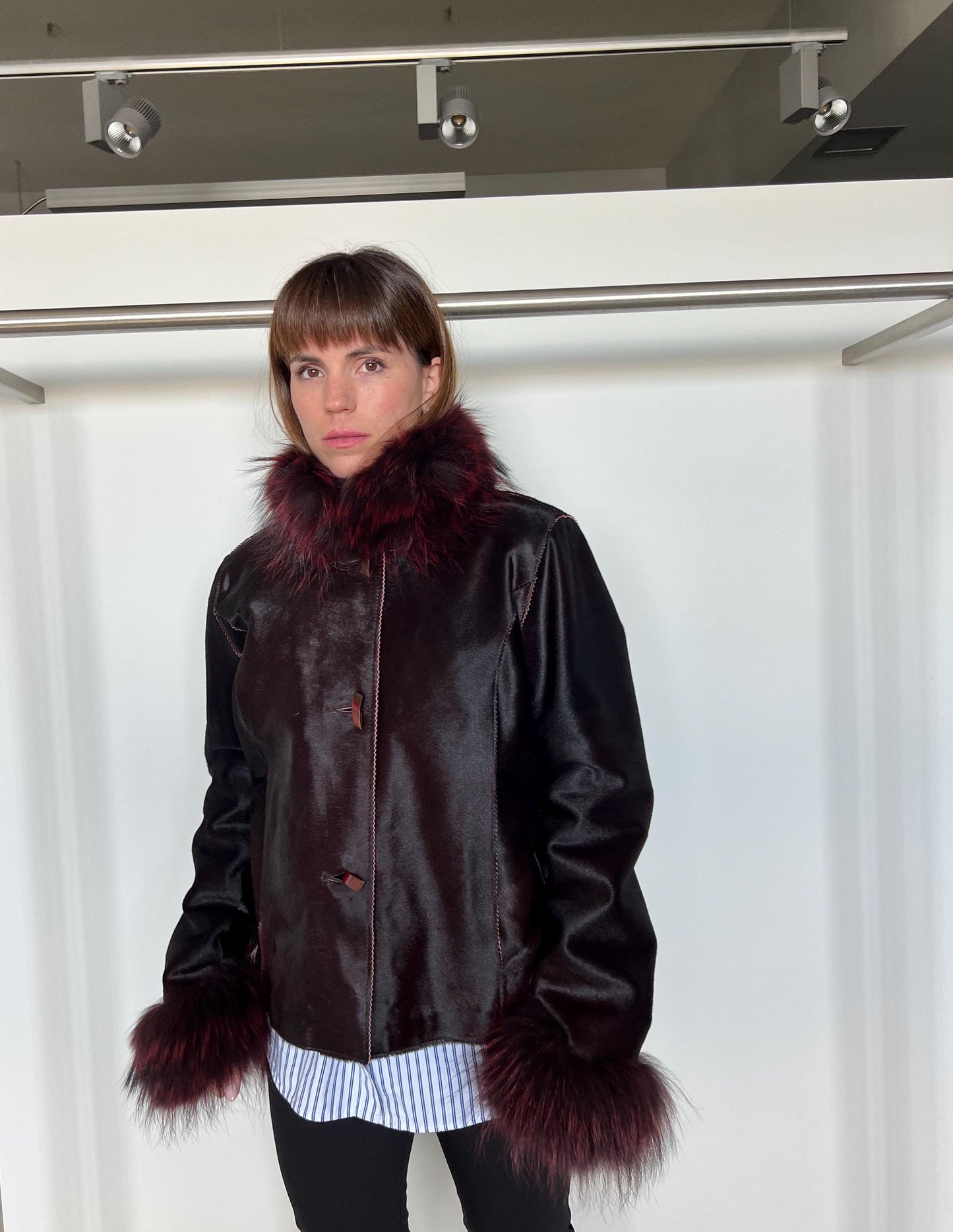 Hair-On Calf Hide Jacket: Burgundy Leather with Raccoon Fur - X-Large