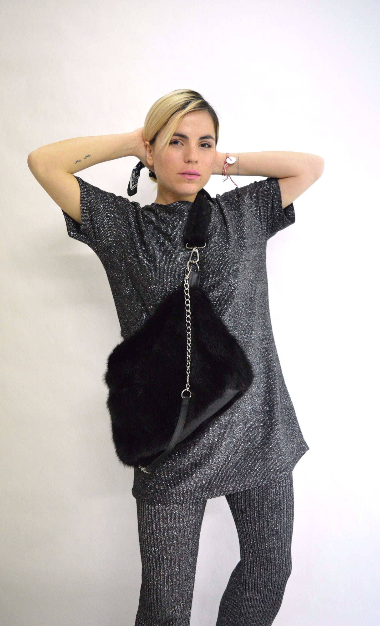 Handmade Black Mink Fur Shoulder Bag: Leather & Chain Detail