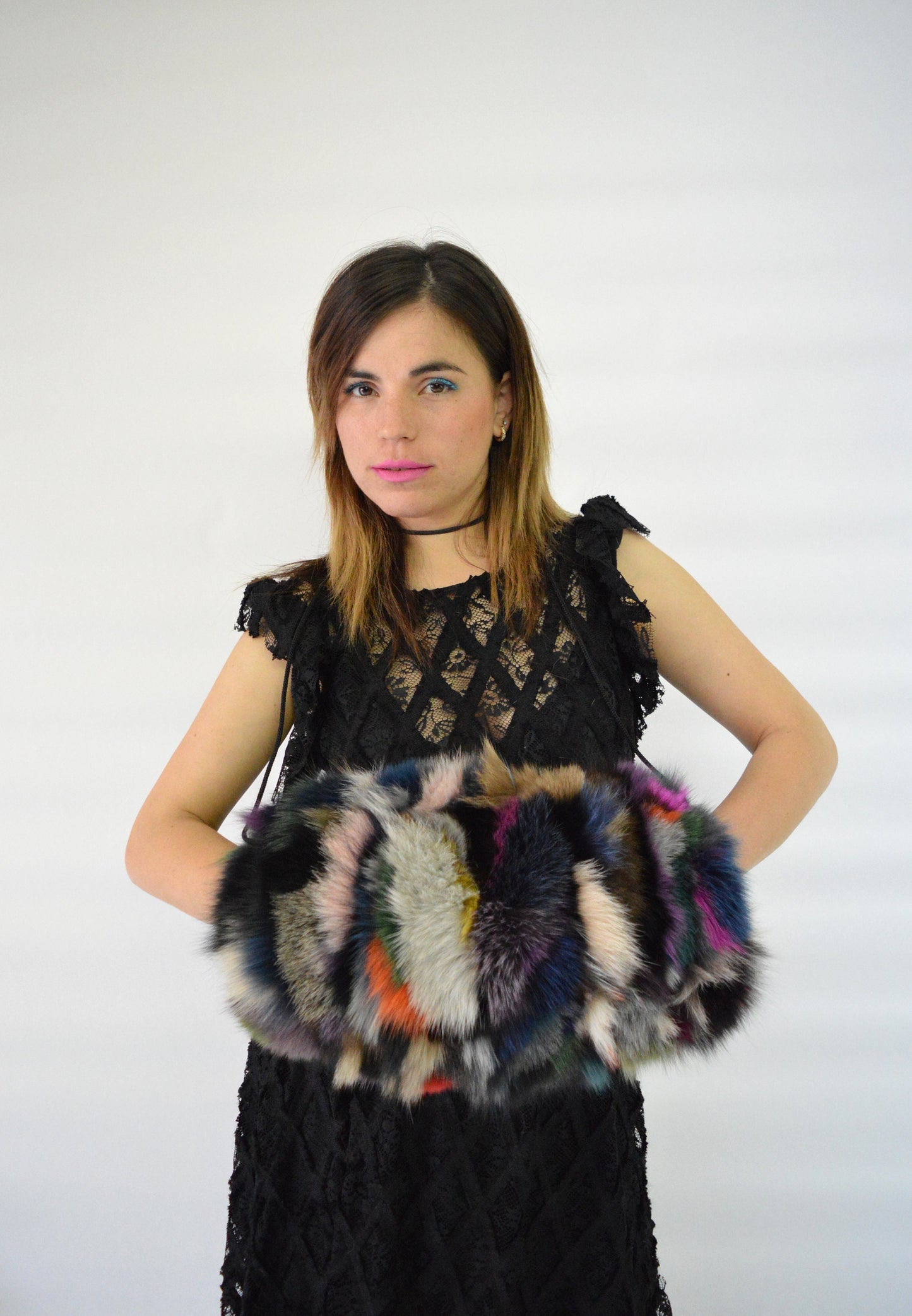 Multicoloured Fox Fur Hand Muff: Luxury Warmer with Pocket