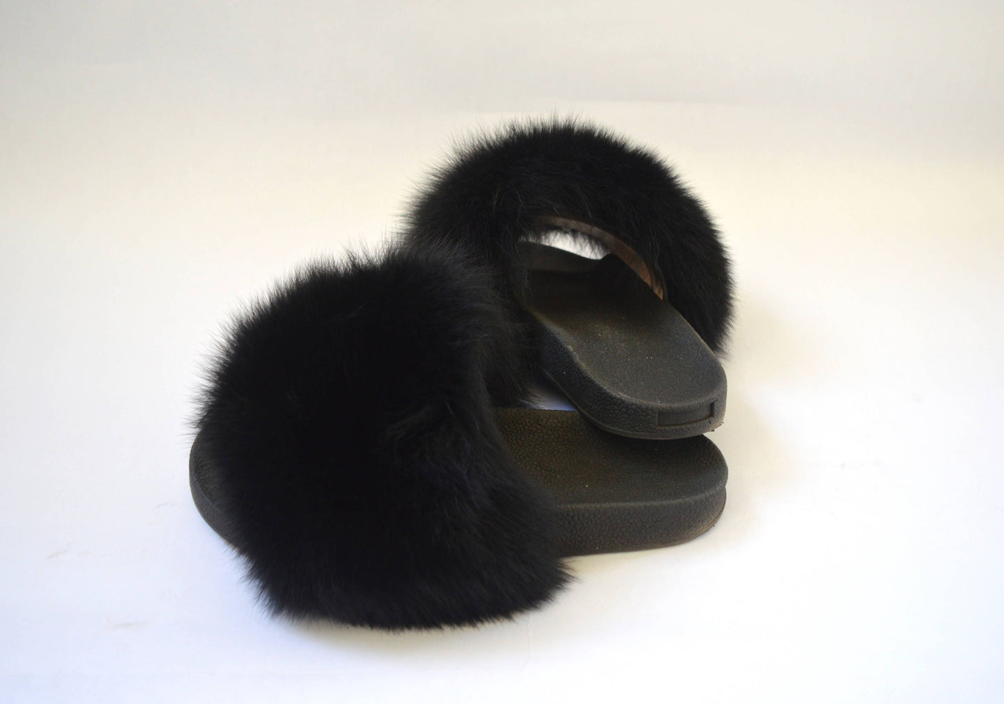 Black Fox Fur Slides: Genuine Fur Slippers with PVC Sole