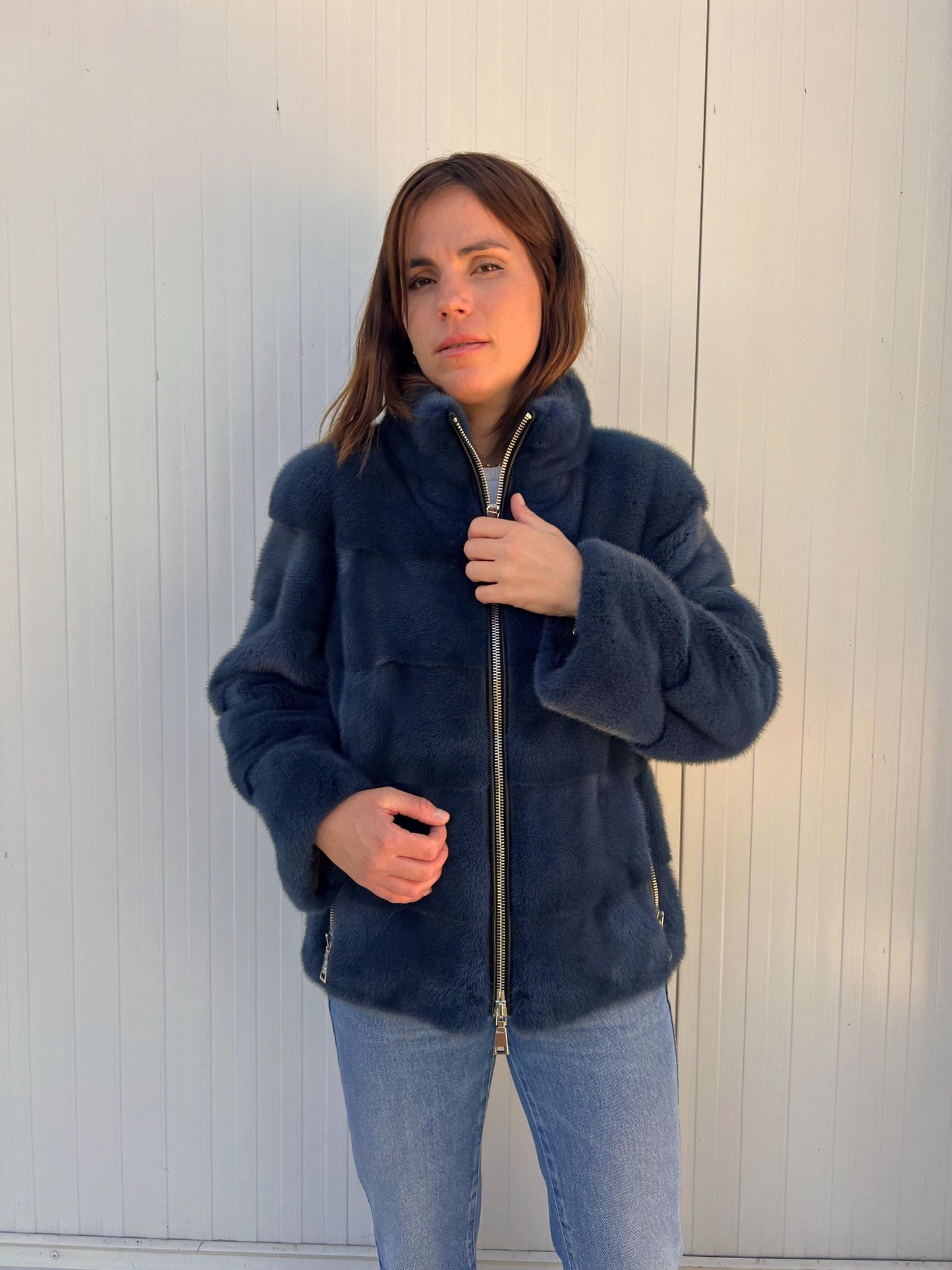Handmade denim Blue Mink Fur Jacket: Velvet Blazer with Stand Up Collar