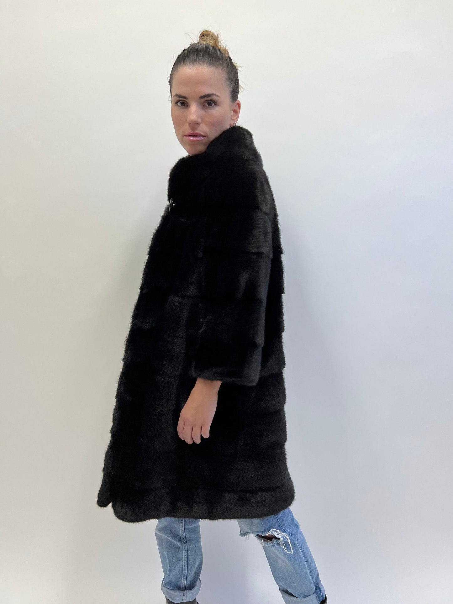 Real Mink Fur Coat: Black Horizontal Full Skin Jacket