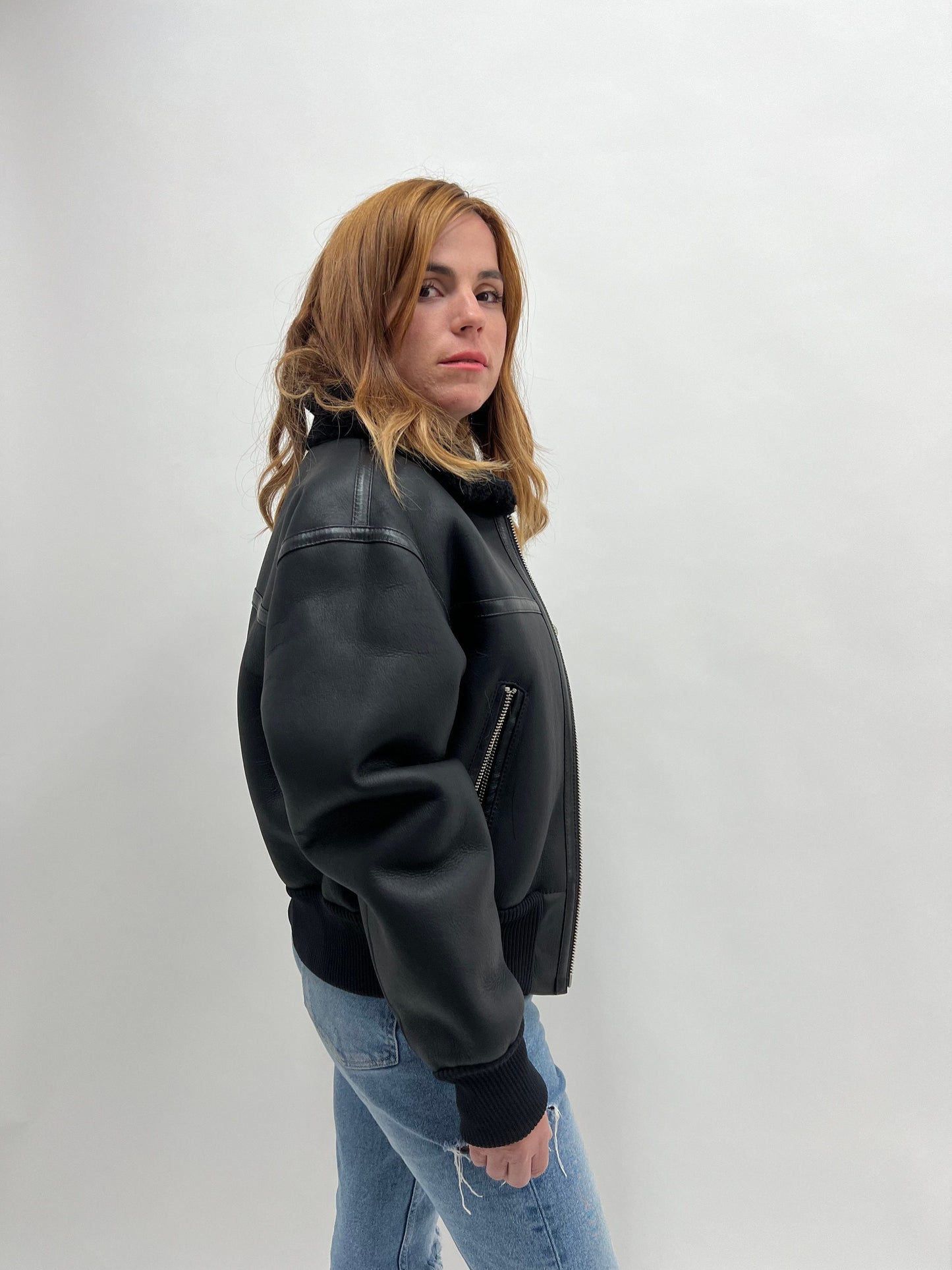 Black Shearling Fur Bomber Jacket: Nappa Leather Trim, Handmade in Greece