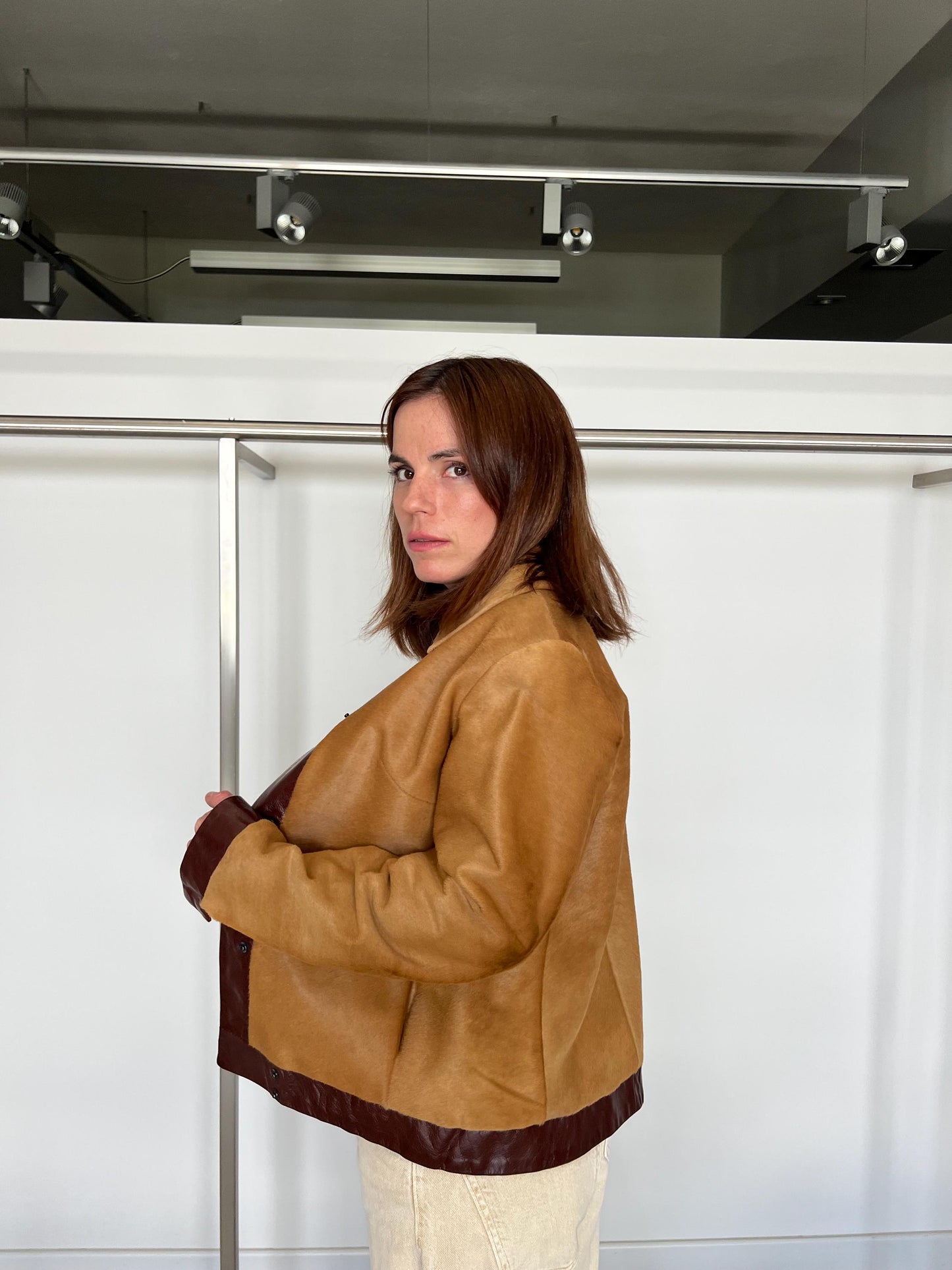 Camel and Burgundy Hair-On Calf Hide Leather Jacket - Handmade in Greece