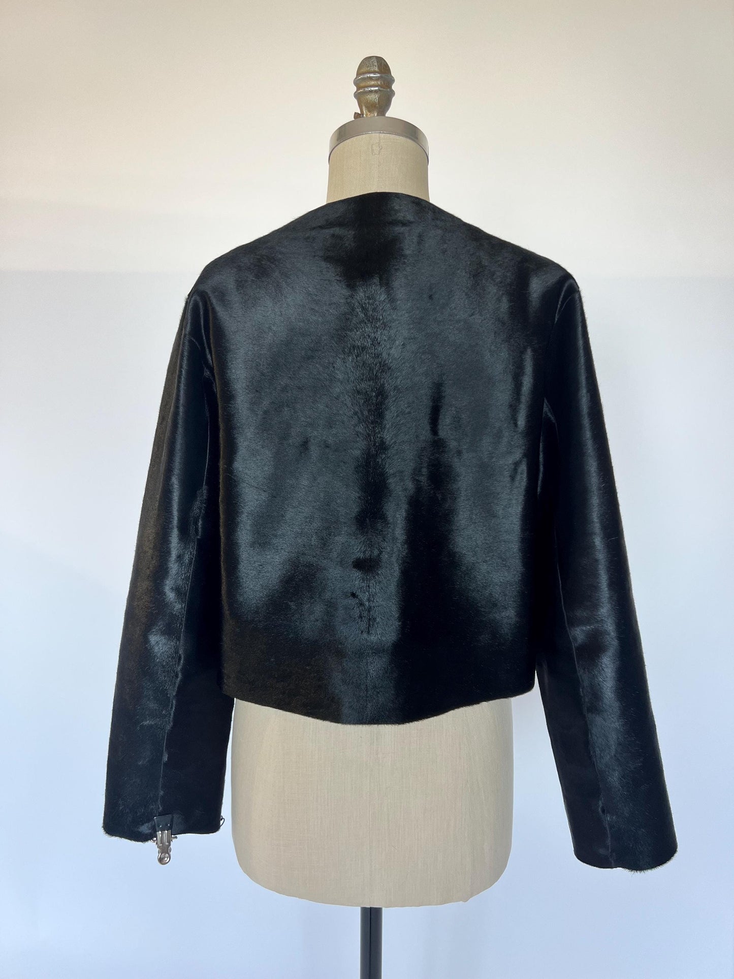 Genuine Hair-On Leather collarless Jacket: Black Calf Fur Coat, Handmade in Greece