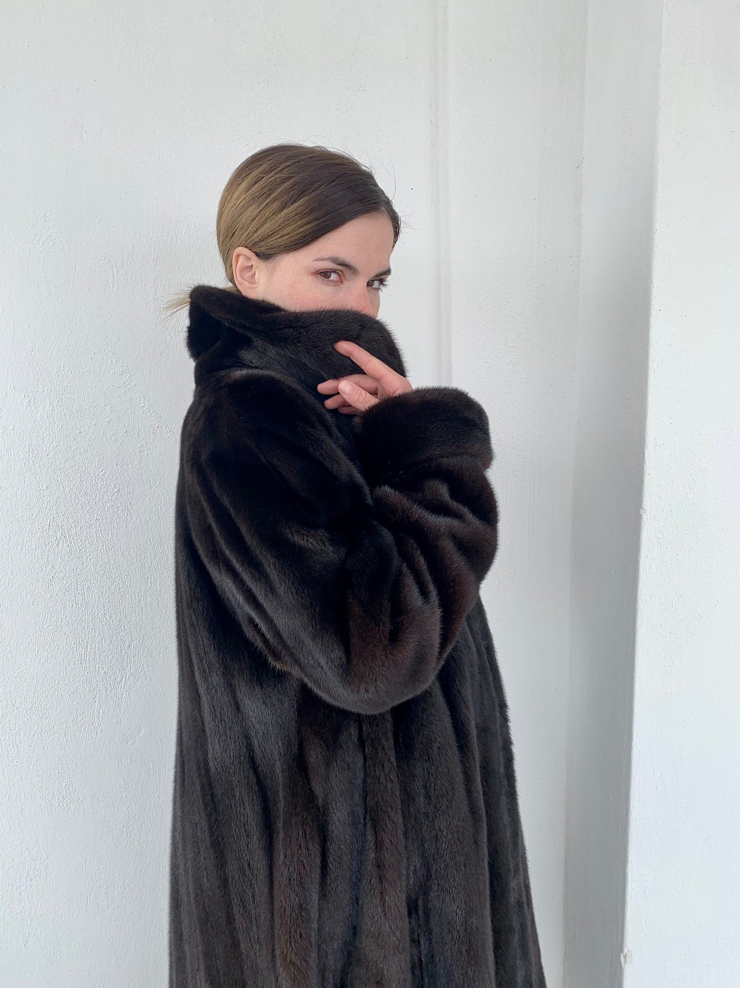 Mahogany Mink Fur Long Coat - Handmade Luxury stroller in full length godet style.