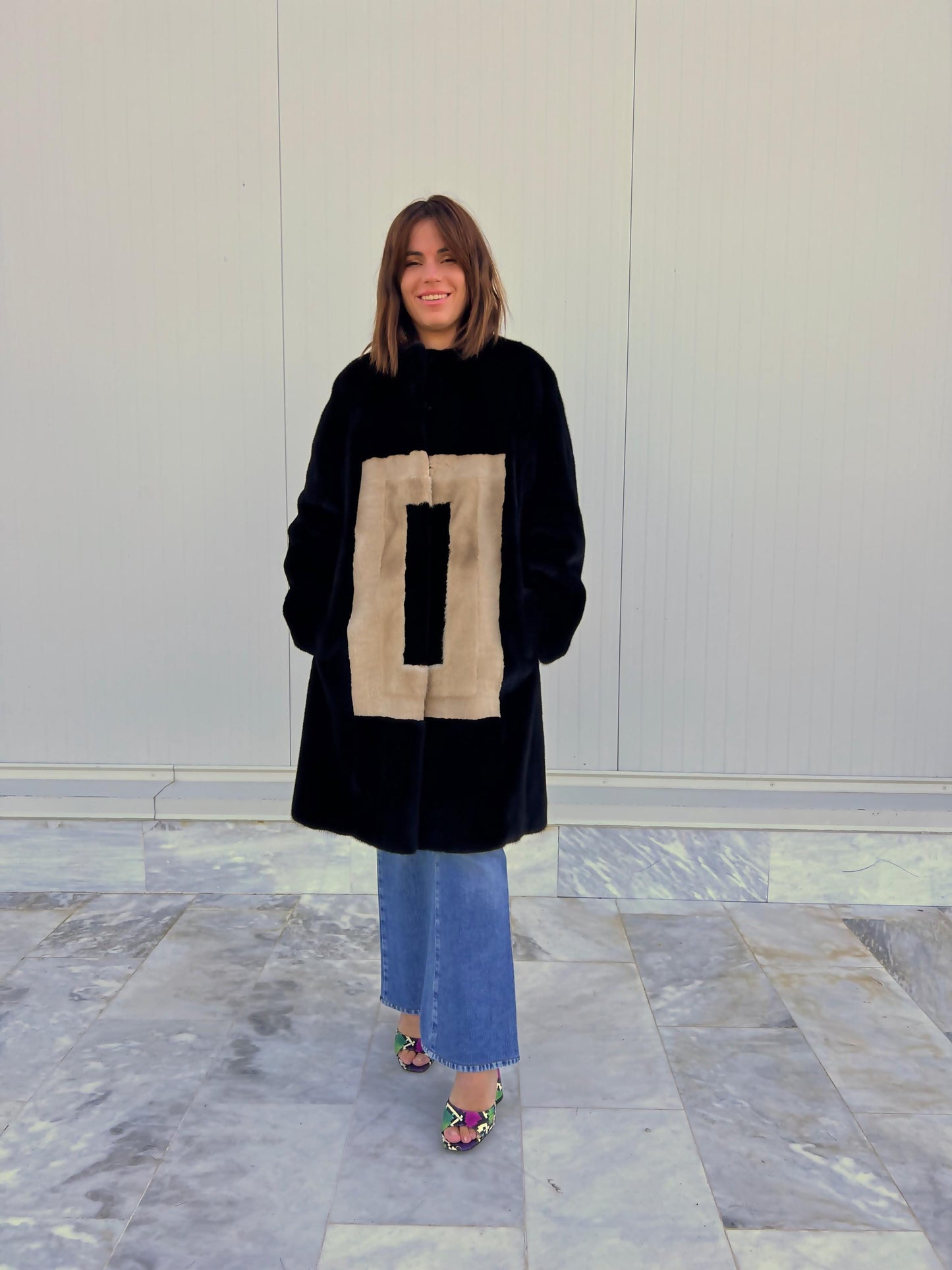 Blackglama Mink Fur Coat, Geometric Intarsia Design, Artisanal Stroller