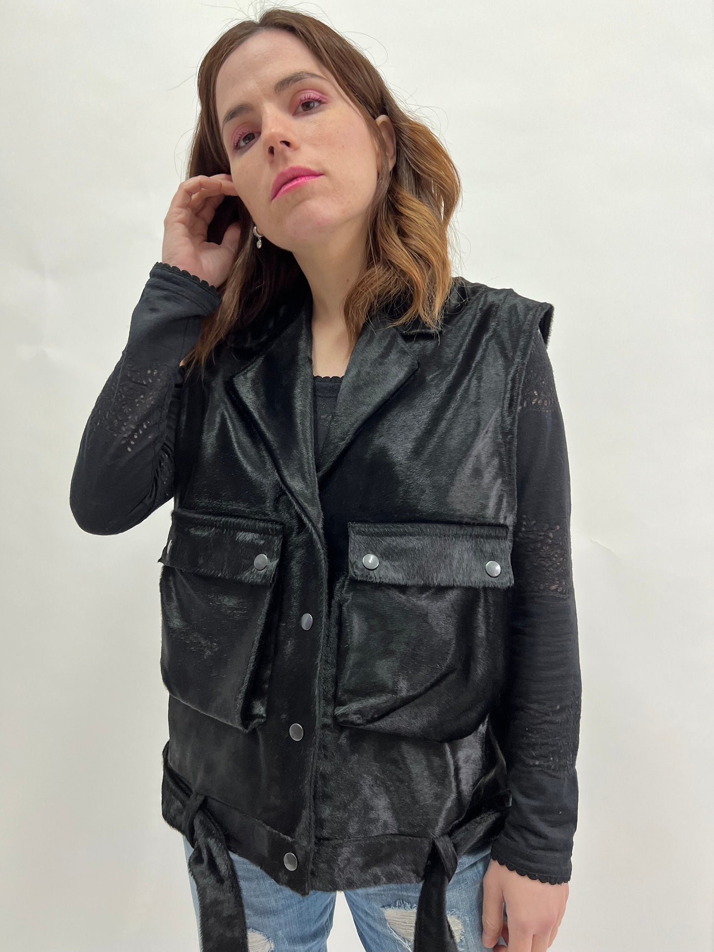 Genuine Hair-On Calf Hide Vest: Utility Leather Vest with Belt