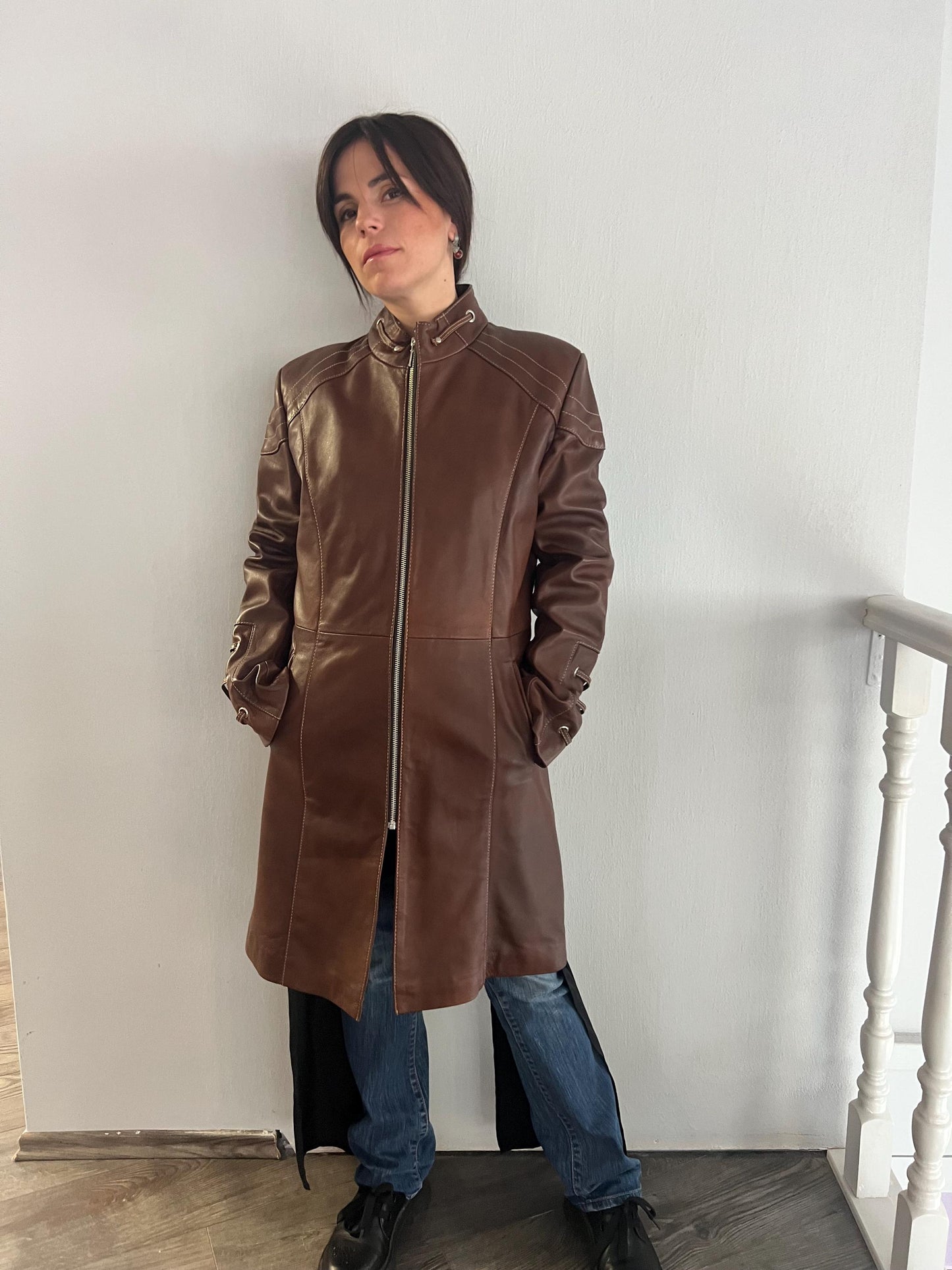 Handmade Nappa Lamb Leather Coat: Tobacco Brown Zip Front