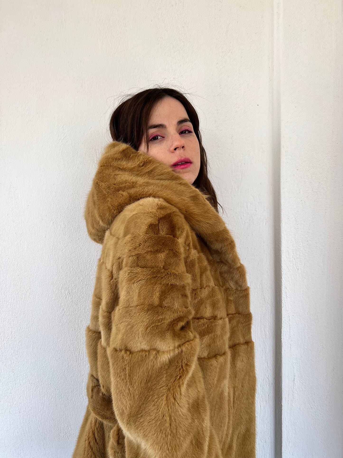 Camel Mink Fur Hooded Jacket with Belt - Luxury Gift