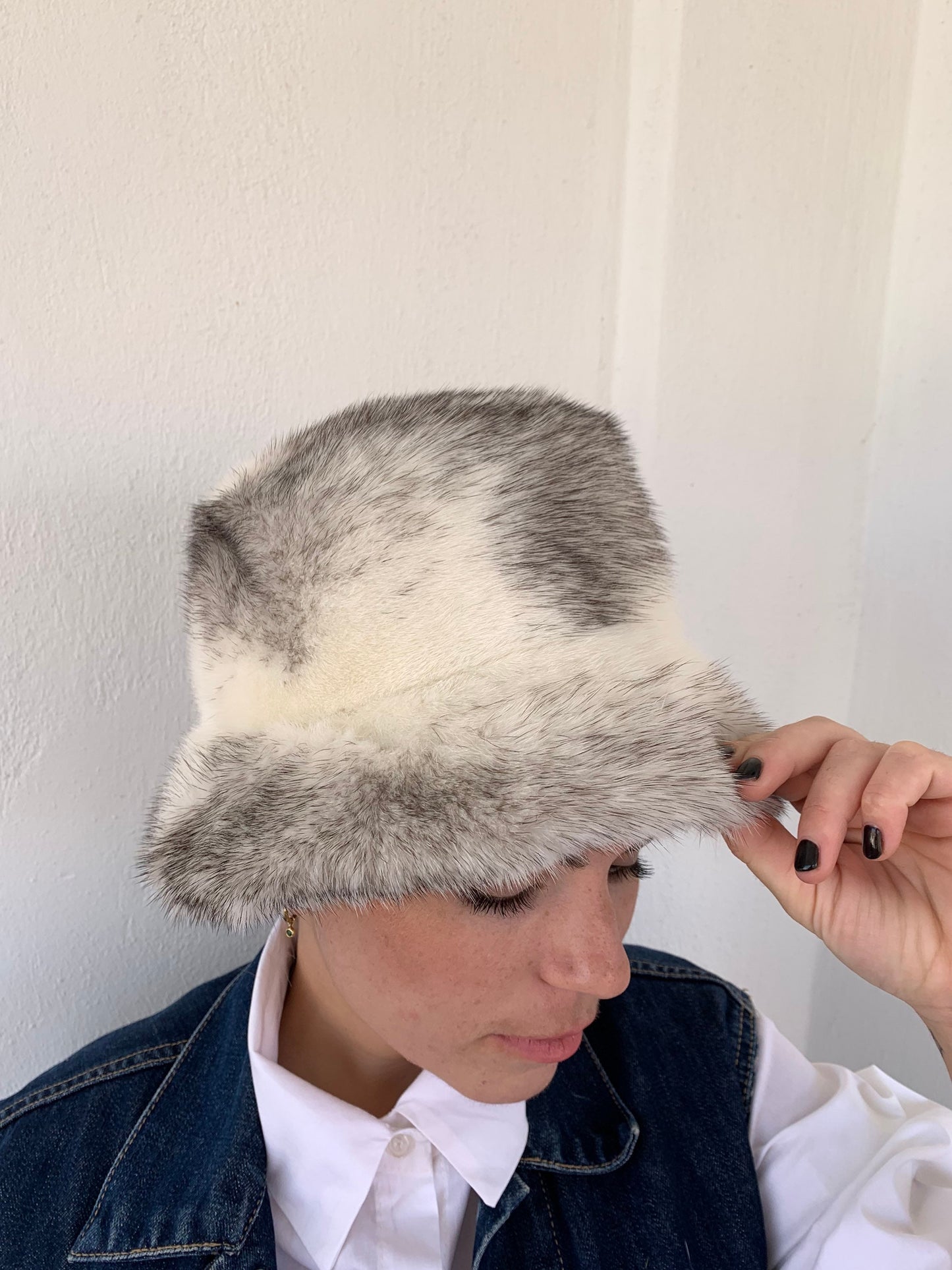 Real Mink Fur Bucket Hat: Silver Cross Design, Padded Lining