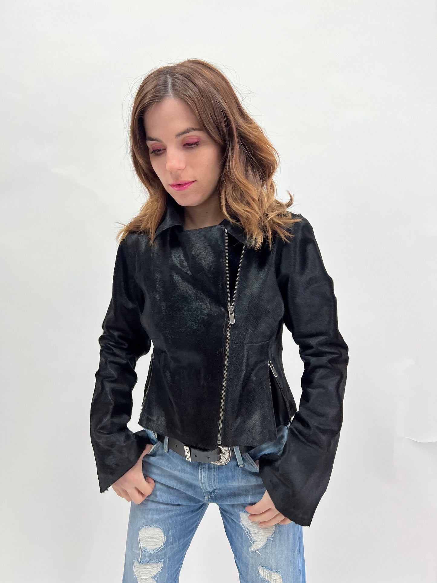 Genuine Cavallino Fur Biker Jacket: Hair-On Calf Leather, Lightweight Spring Coat