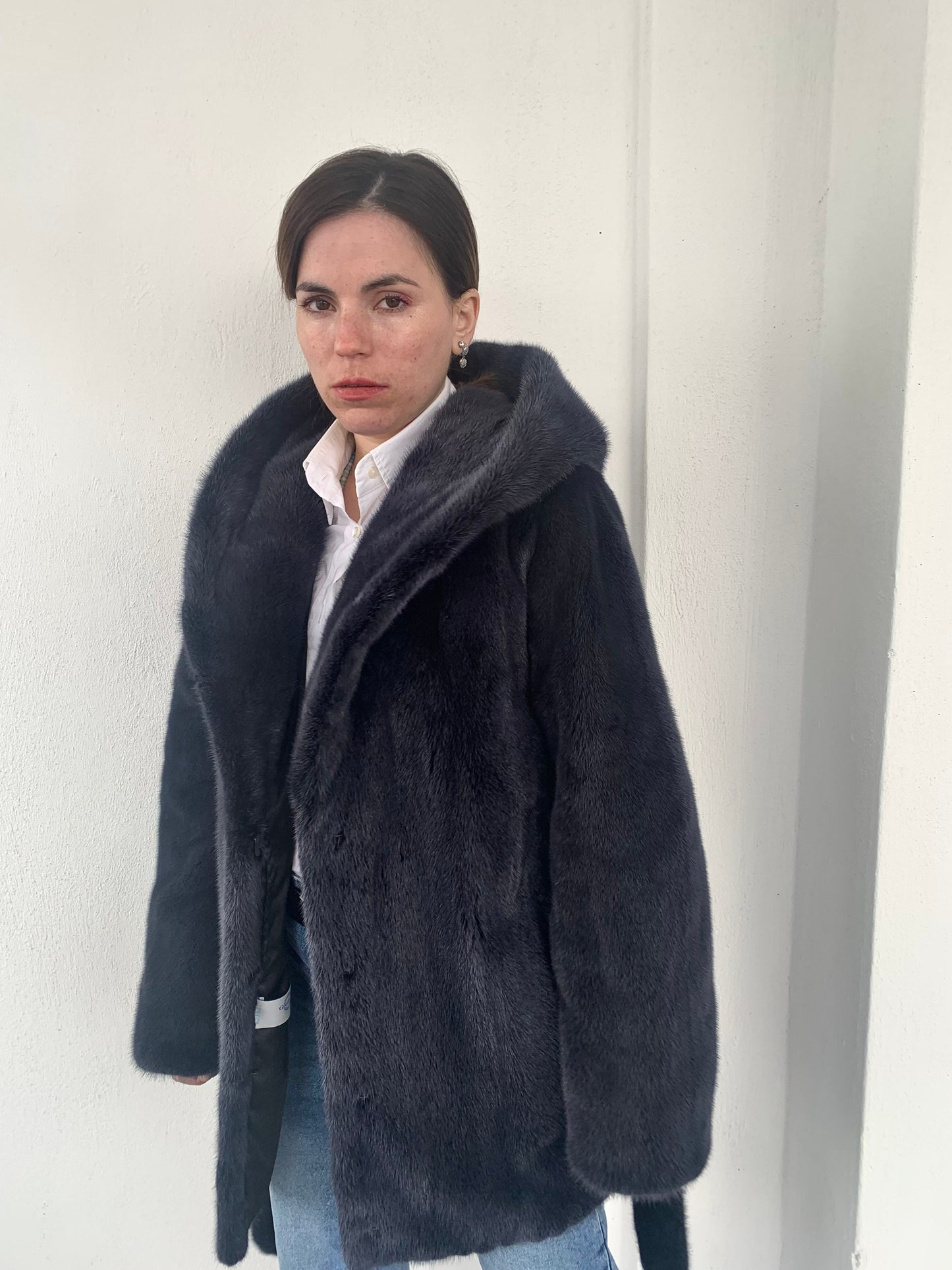 Denim Blue Mink Fur Stroller Coat: Hooded Belted Luxury