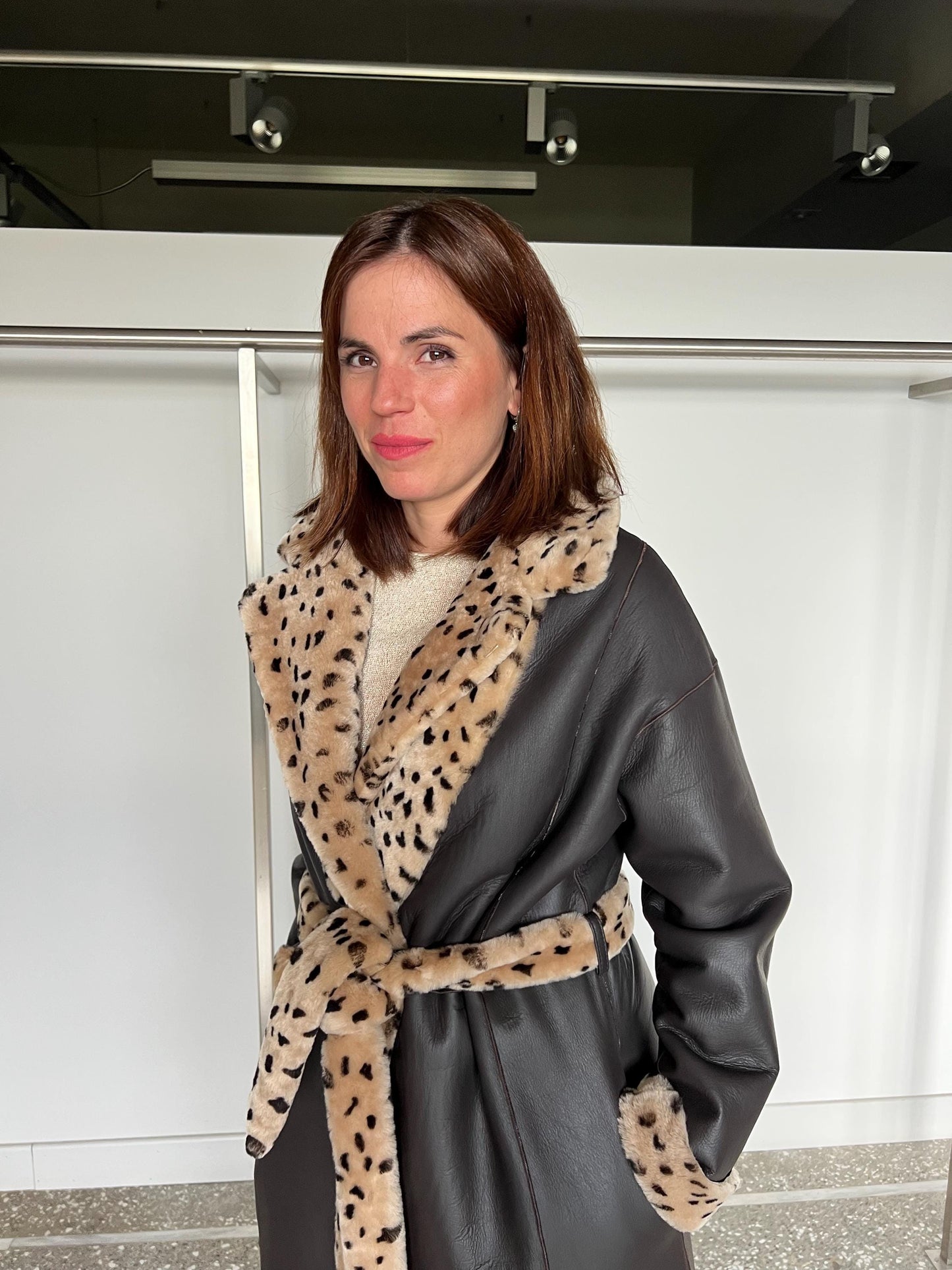 Handmade Merino Shearling Coat: Animal Stamp Fur Stroller, Brown Leather Wrap