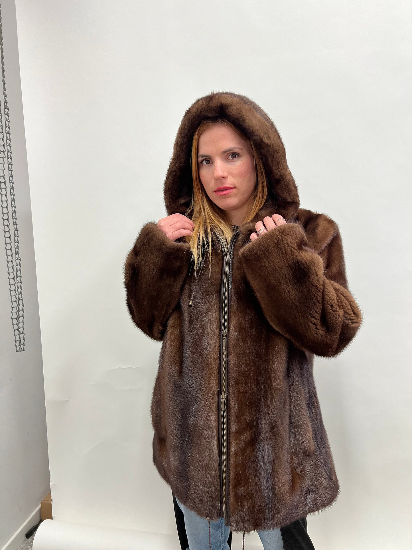Brown Mink Hooded Jacket - Saga Furs - Zip Closure