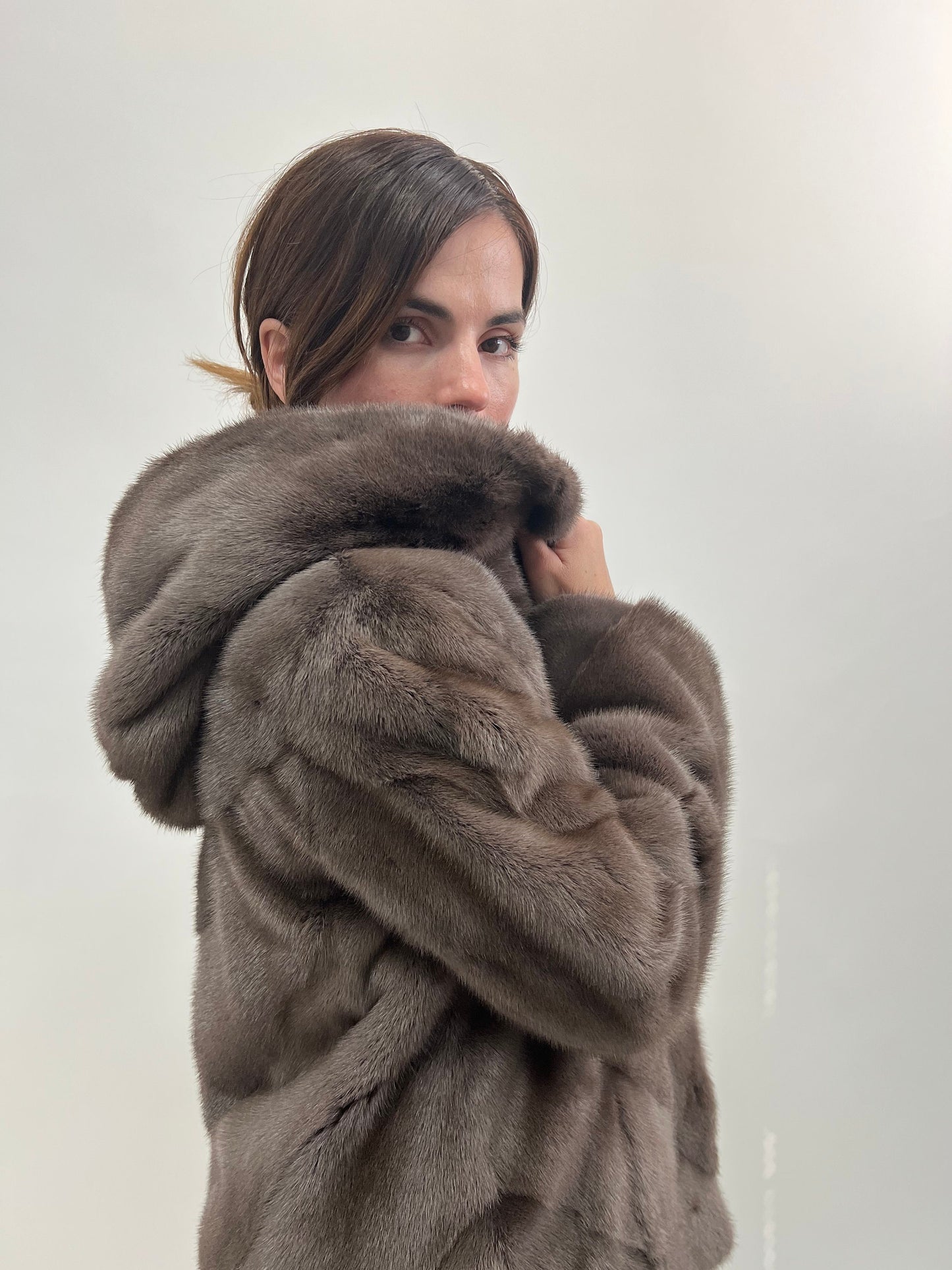 Saga Mink Fur Hooded Jacket, Warm Grey Diagonal Coat