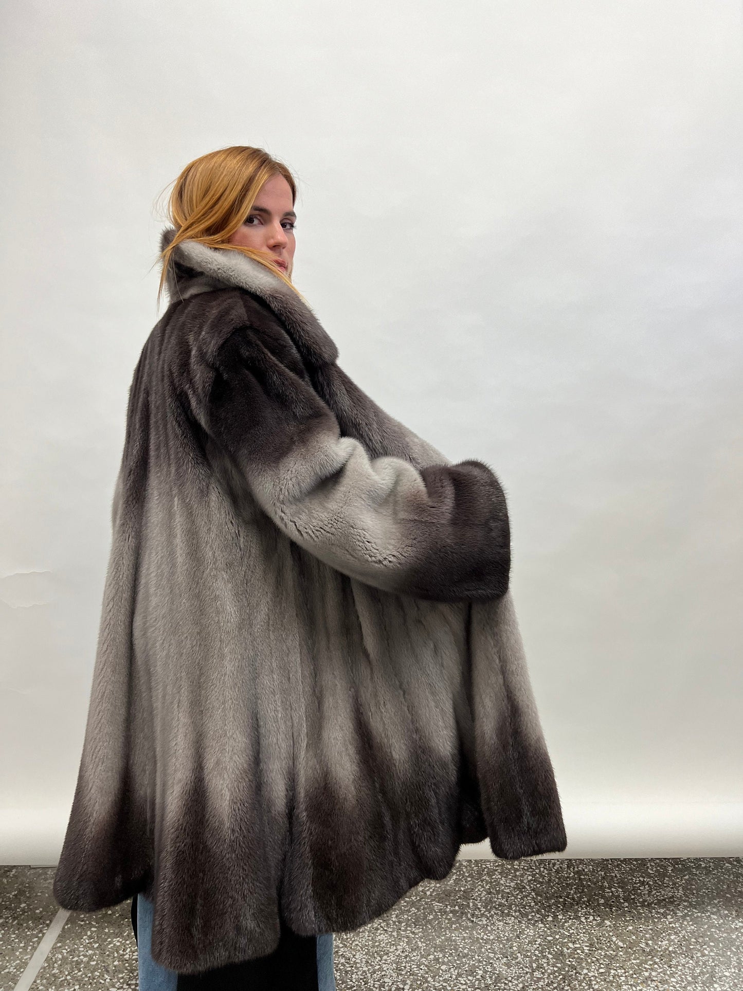 Saga Fur Mink Coat: Degrade Silver Graphite, Size 2XL