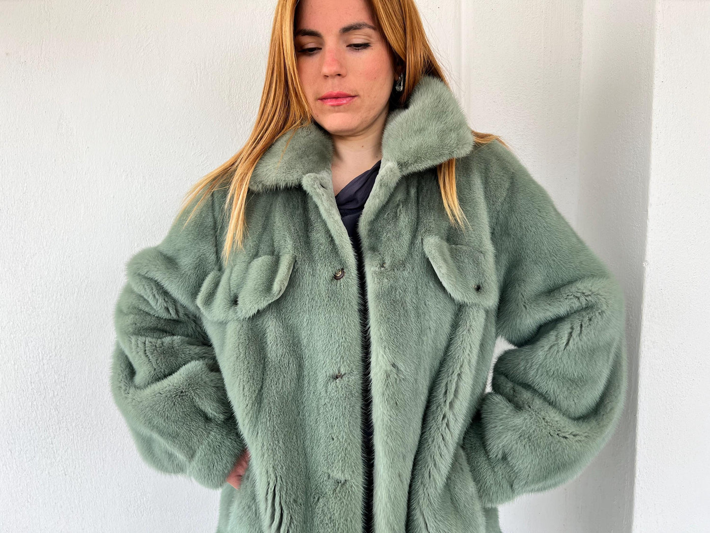 Pistachio Mink Fur Over-Shirt Coat: Grey Boxy Style, XL