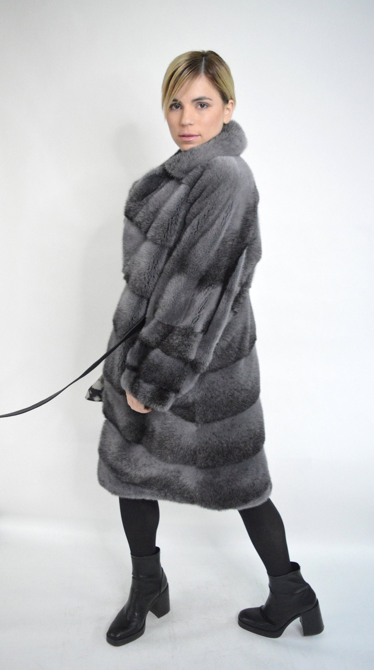 Grey Mink Fur Kimono Coat: Black Cross Dyed, oversized with Leather Belt